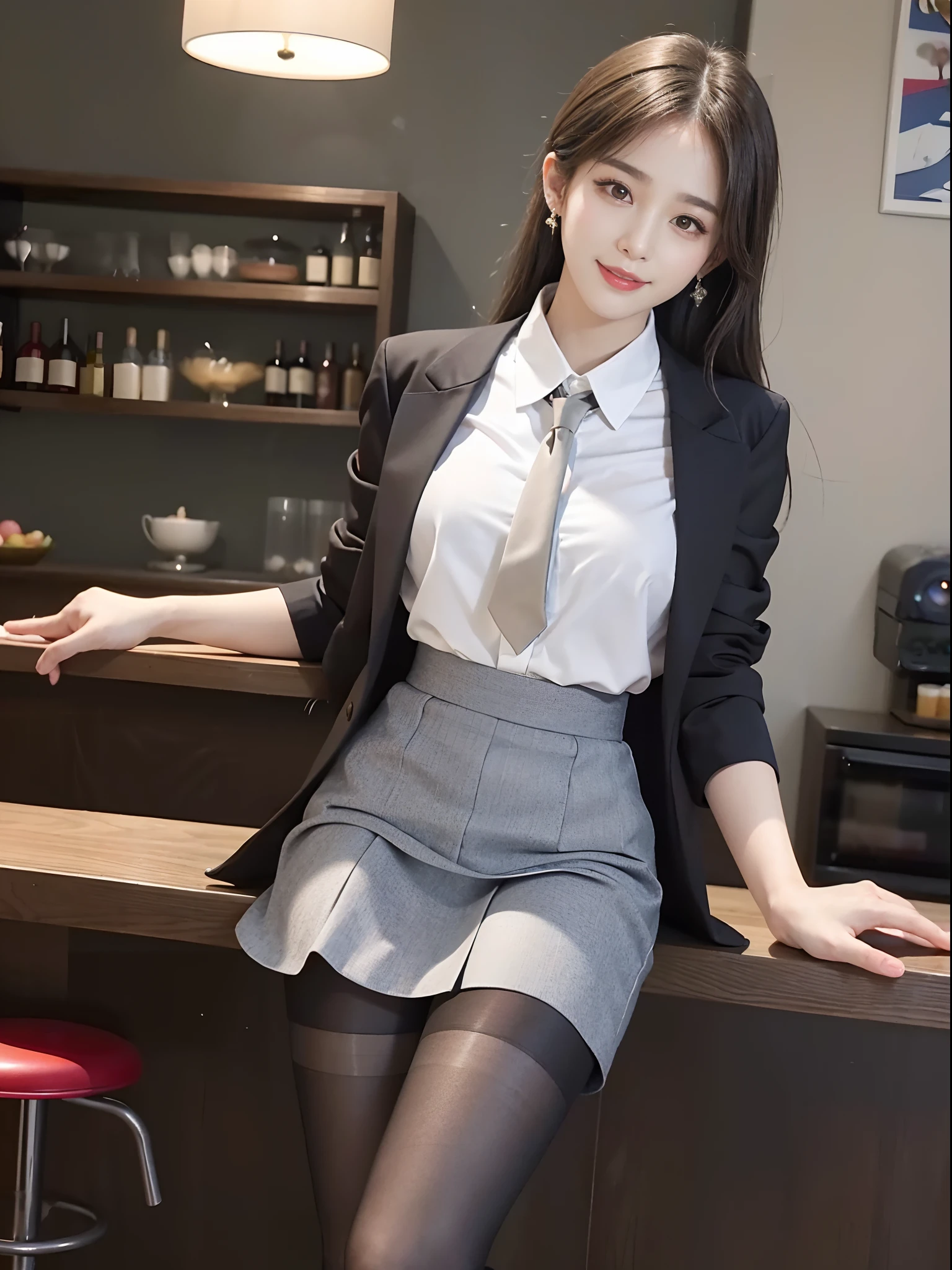 (masterpiece:1.2),(8K high quality), (highest quality), (reality), (It&#39;realistic:1.37), Big eyes,Precise action and realistic style）,ultimate face,realistic光と影,, high detail skin,reality skin details,（Super detailed）,straight long hair, ,（（Full body photo shoot））,（（少し離れたところからFull body photo shoot））, Only one woman in her 30s, cute type , (realism: 1.4),(beautiful face 1.4),thin, (In office lady appearance&#39;blouse and skirt:1.2),((at the company office)),medium hair,,((In office lady appearance suit and short skirt)),very beautiful legs,(((sitting))),((smile at the audience)),,very charming smile,,((Wearing a suit jacket and shirt blouse））,（spread your legs）, I like to show my crotch to my viewers, I&#39;man wearing black panties, （sit with both knees up, Very beautiful legs,  Suit jacket is random color, I can see the cleavage, Bra exposure, 