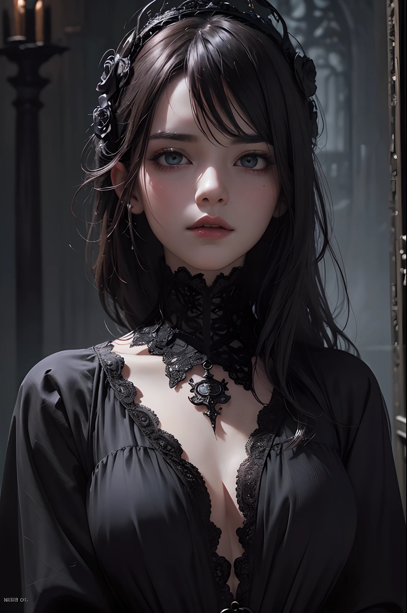 Official Art, Unity 8k wallpaper, super detailed, beautiful, beautiful, masterpiece, best quality,
darkness, atmosphere, mystery, romanticism, creepy, literature, art, fashion, victorian, decoration, intricacies, ironwork, lace, contemplation, emotional depth, supernatural,
1 girl, solo, neck, bust composition