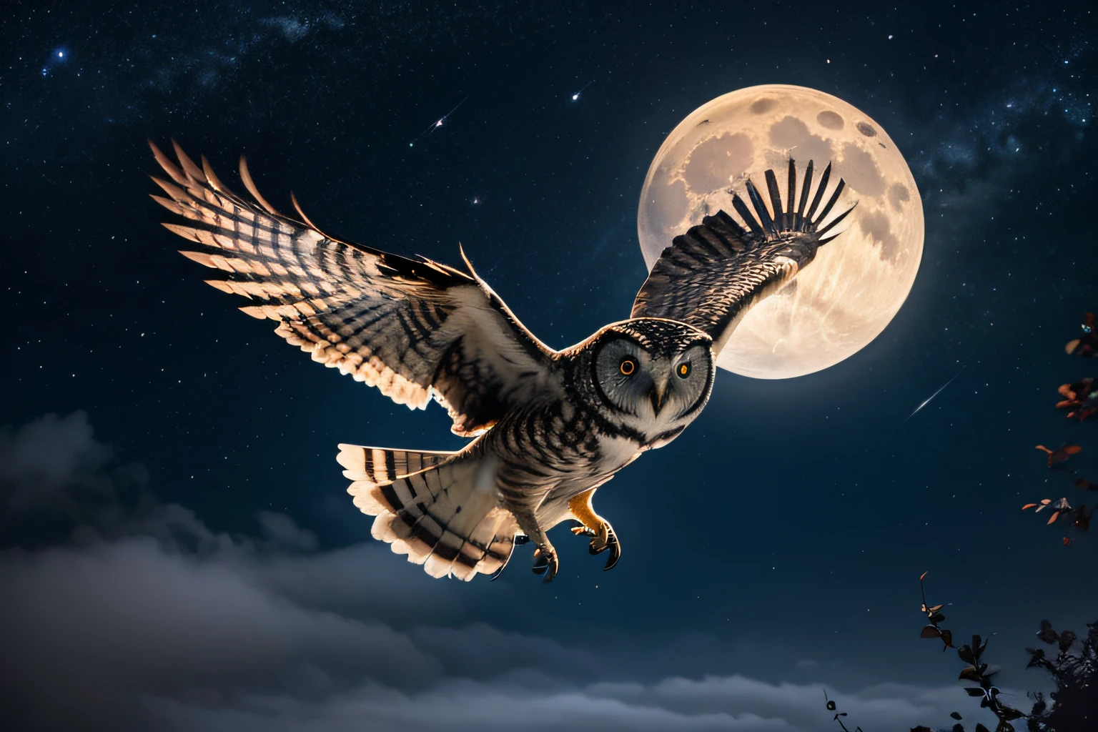 Owl flying against the background of the full moon, nocturnal, full moon, starry sky, (Masterpiece), (Best Quality), (Ultra high Detailes), (Photorealistic)