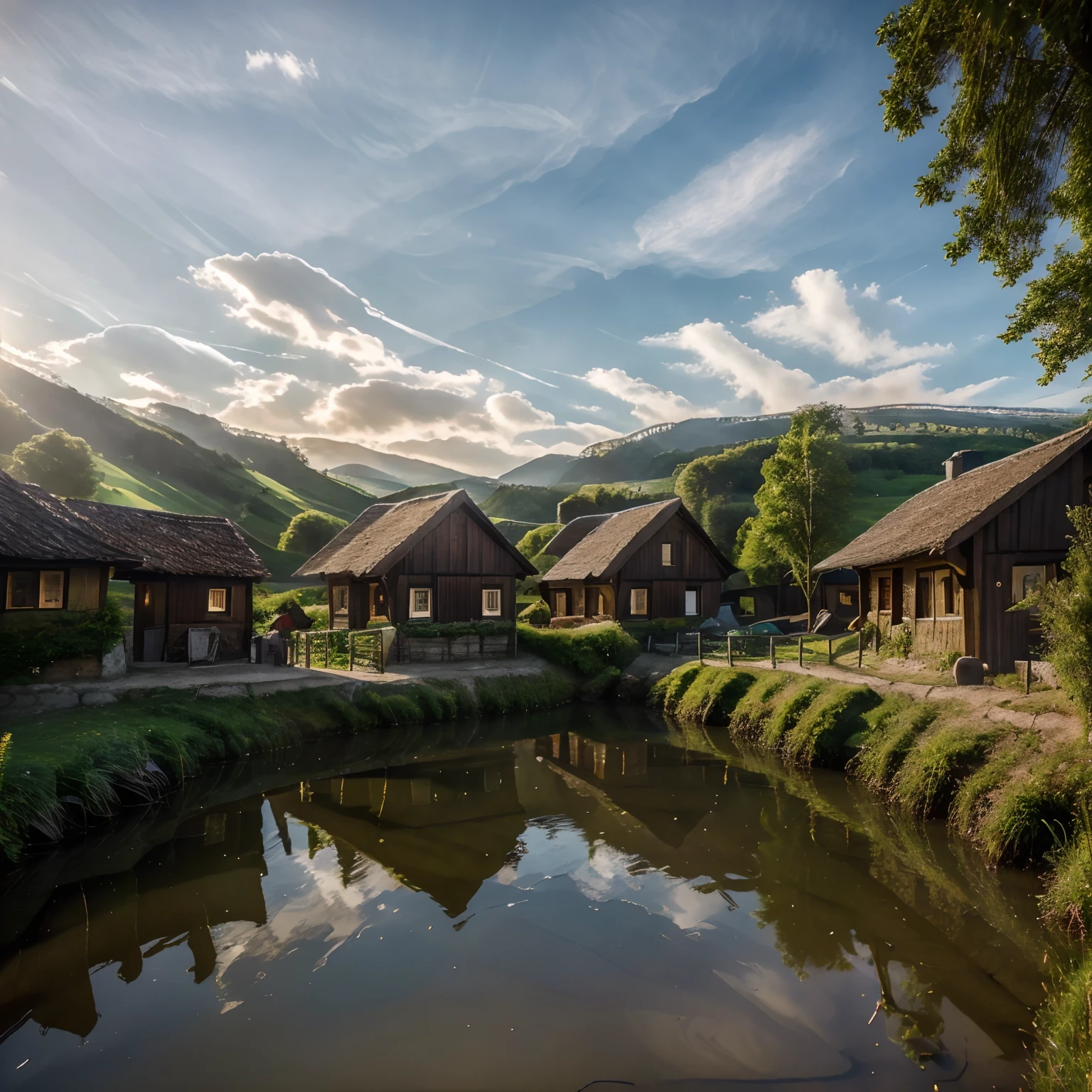 A simple amish village photography with wooden houses and one wood church, rural, in the interior of São Paulo state, surrounded by green mountains by the side of a brown river, (best quality,4k,8k,highres,masterpiece:1.2), ultra-detailed, (realistic,photorealistic,photo-realistic:1.37), traditional materials, realistic depiction of wooden texture, peaceful atmosphere, vibrant colors, soft sunlight, scenic view, calm river flow, picturesque surroundings, lush greenery, tranquil ambiance.