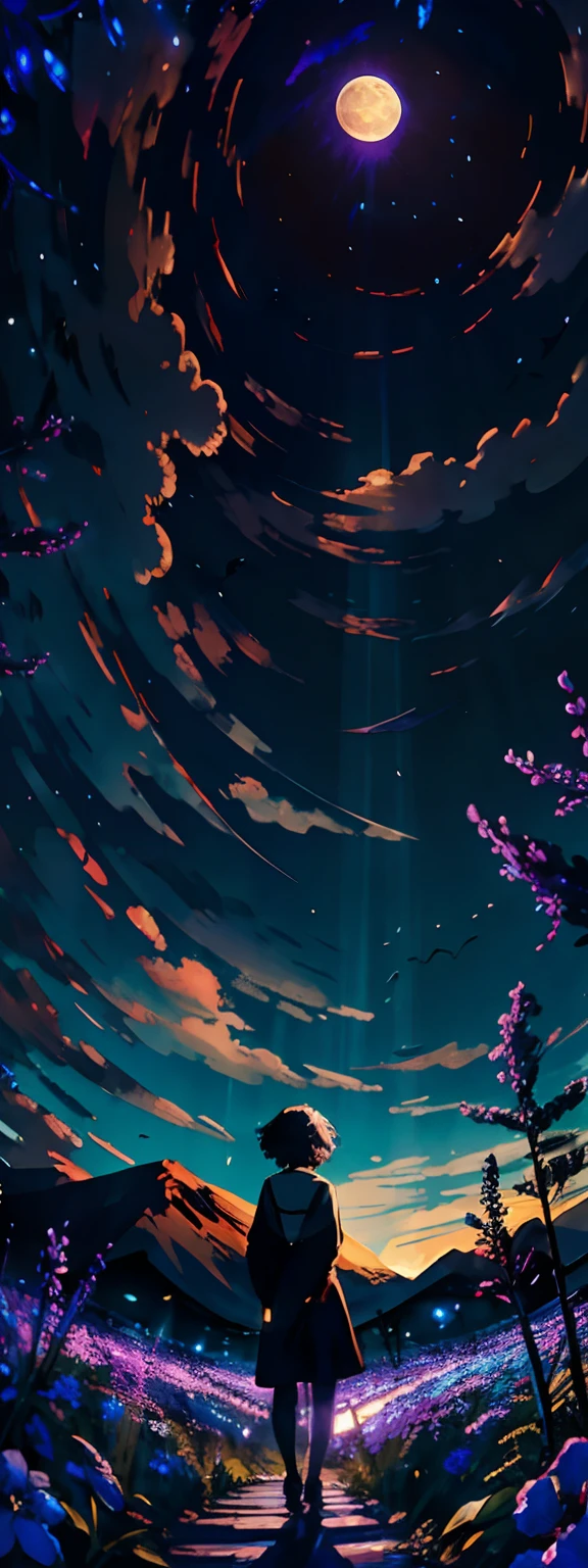 1girl, with blue sky hair, and short hair, the faces is mitsuha from kimi no nawa, use simple black dress, and the template is on city, the face smile and there is a flock of bird is flyingexpansive landscape photograph , (a view from below that shows sky above and open field below), a girl standing on flower field looking up, (full moon:1.2), ( shooting stars:0.9), (nebula:1.3), distant mountain, tree BREAK production art, (warm light source:1.2), (Firefly:1.2), lamp, lot of purple and orange, intricate details, volumetric lighting BREAK (masterpiece:1.2), (best quality), 4k, ultra-detailed, (dynamic composition:1.4), highly detailed, colorful details,( iridescent colors:1.2), (glowing lighting, atmospheric lighting), dreamy, magical, (solo:1.2)