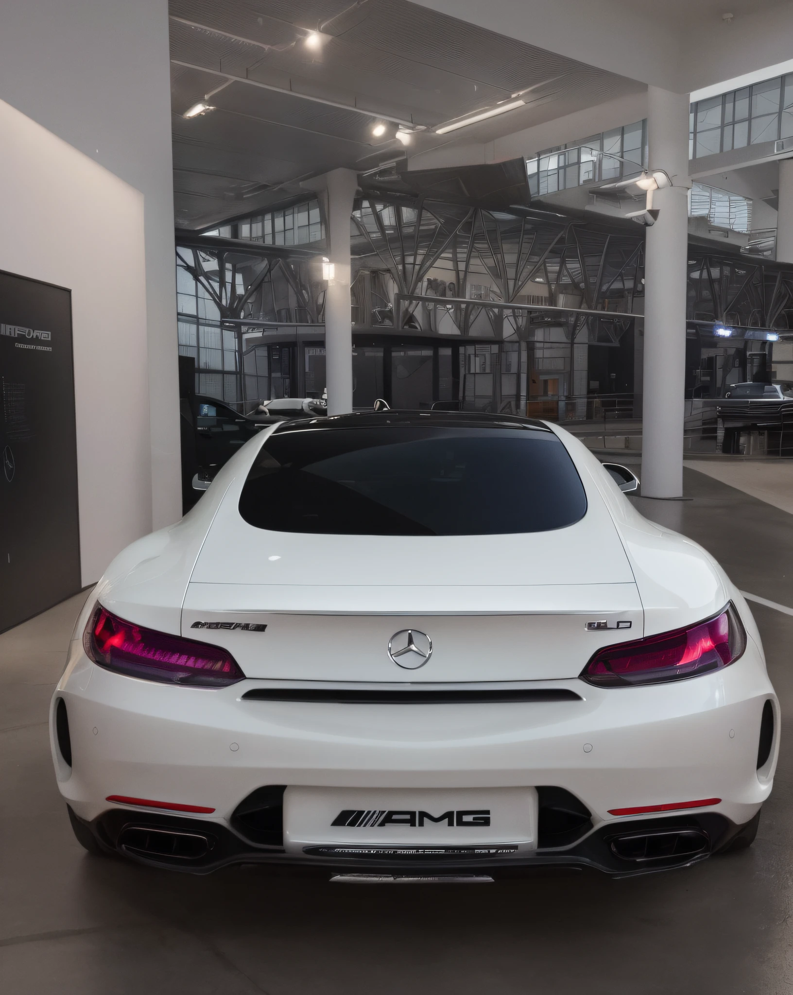 The new Mercedes-AMG white sports car is parked in front of the showroom, The rear of the new Mercedes-Benz AMG,sports car in the room, Mercedes Benz, mercedez benz, Exhibited, Mercedes concept car, Beautiful masterpiece, A detailed masterpiece, Masterpiece works of art, Show on the , 8K,4K edited, Hologram paint car, an award winning masterpiece