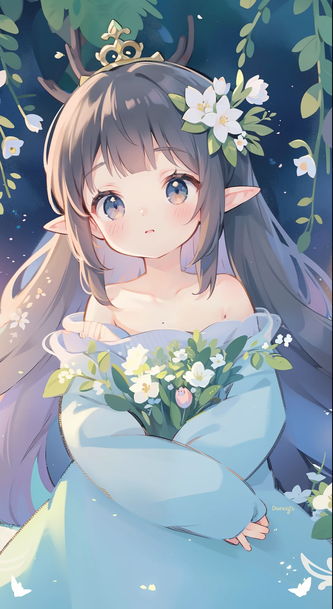 high high quality,tmasterpiece,Delicate facial features,Delicate hair,Delicate eyes,Delicate hair,animemanga girl,deer antlers,Black color hair,florals, Dreamy style, Fantastic flower garden,fantasy style clothing,Romantic dress, beautiful and elegant elf queen, a beautiful fantasy empress, Fantasy art style, ((a beautiful fantasy empress)), Anime fantasy illustration, high priestess, fey queen of the summer forest, anime art nouveau, goddess of the forest, portrait of an elf queen, A beautiful artwork illustration,8K high quality detailed art(Delicate facial portrayal)(Fine hair depiction)(highest quality)(Master masterpieces)(High degree of completion)(a sense of atmosphere)8k wallpaper,tmasterpiece,Best quality at best,ultra - detailed