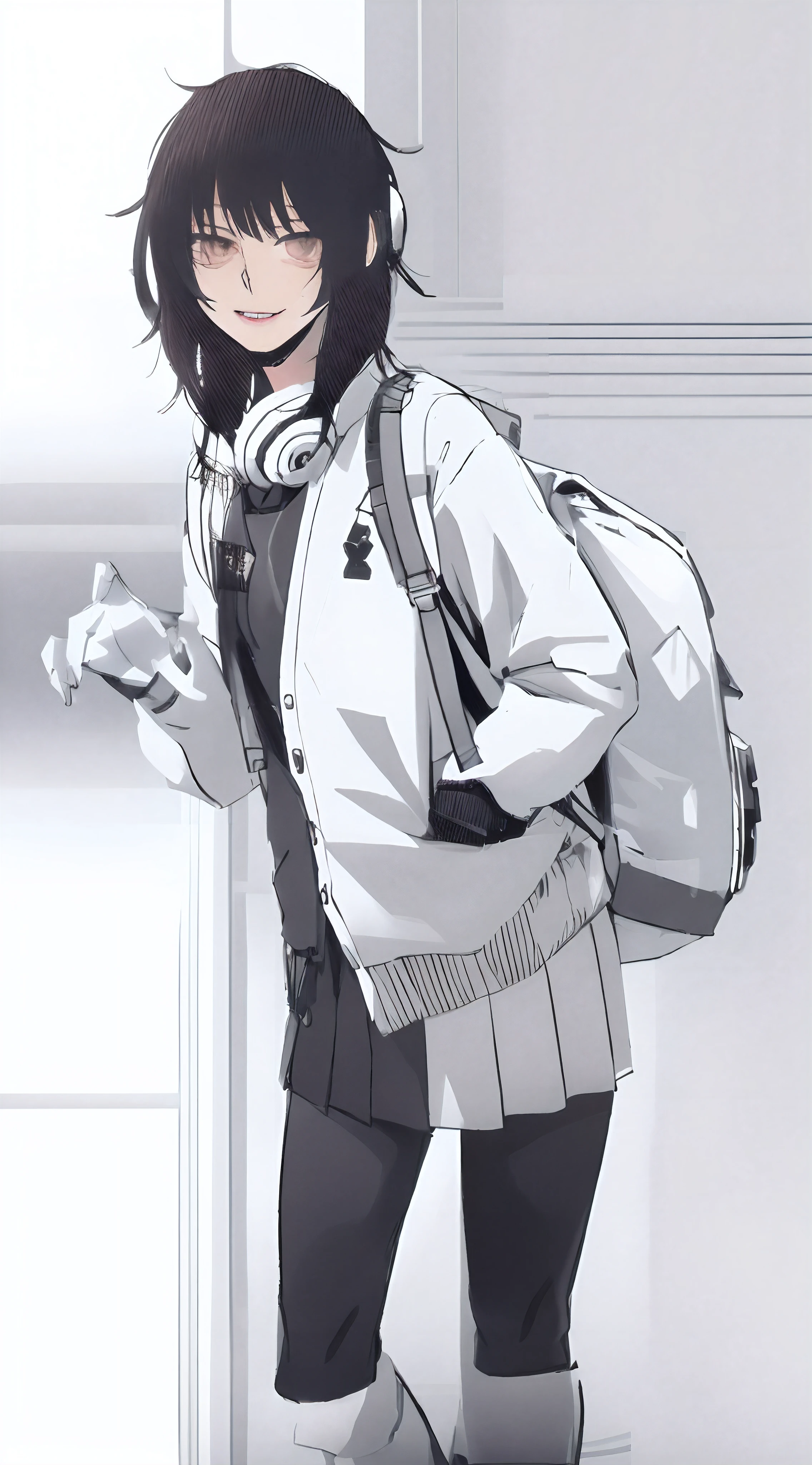 (best quality,4k,8k,highres,masterpiece:1.2), ultra-detailed, (realistic,photorealistic,photo-realistic:1.37), a girl with a backpack, pointing with her index finger, full-body illustration in a clean and intricate anime style, black and white manga style, tall emo art student girl, wearing over-ear headphones, beautiful high school anime girl, with a style similar to Nippon Shoujo, created by the artist "Fei Q", created by the artist "Kamoi Kokumou", created by the artist "Kobayashi Kiyoka", detailed anime character art