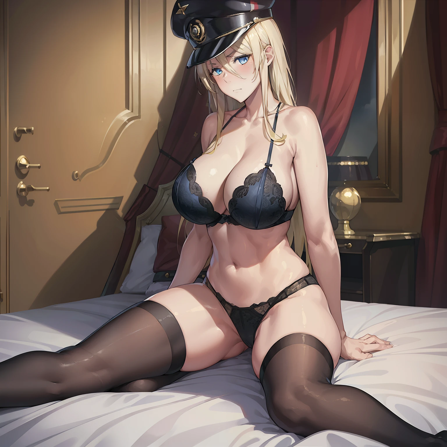 1girl,big breasts,hotel room,(8k),scratches,detailed face,blond hair,blue eyes,long hair,embarassed,shy,serious face, high_res, high_definition,sexy pose,black sexy lingerie,full body,military hat,