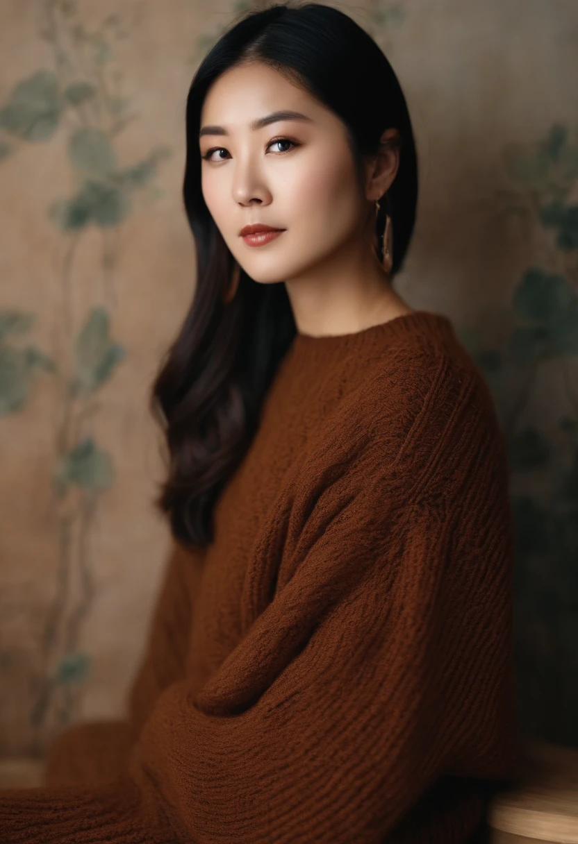 Japan woman in brown knitwear、