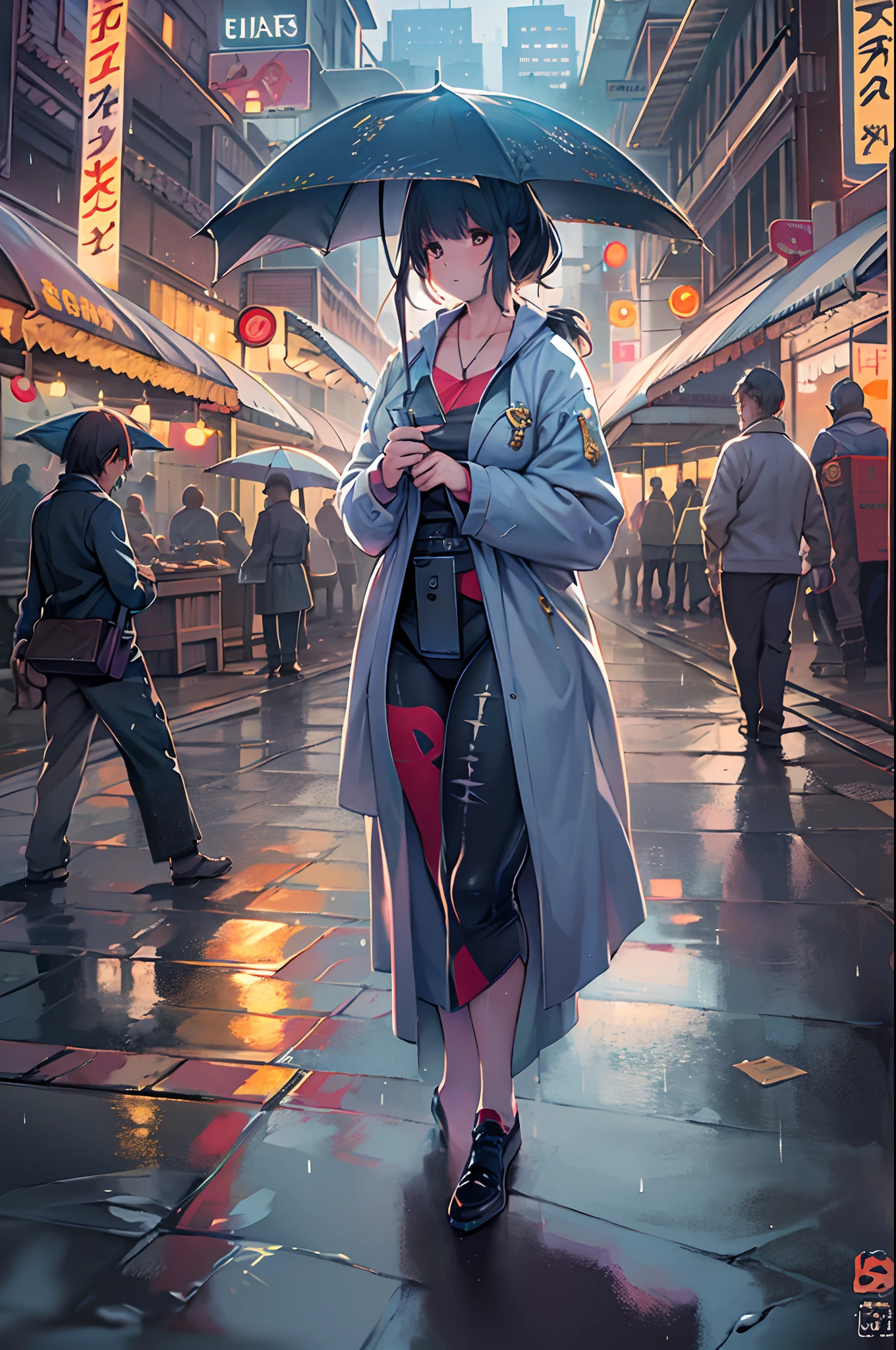 rainy evening,city,A beautiful woman with gal makeup in a sports suit becomes a lively cityscape of Gintama, Surrounded by vendors, Beautiful portrait of a stunning goddess girl, beautifull detailed face, Porcelain Skin, Full body shot, Centered, ultra soft lighting, symmetry, Convoluted, Elegant, Highly detailed, Photorealistic, art stations, Concept art, Smooth, as imagined by greg rutkowski and borris vallejo, cover, Vogue style