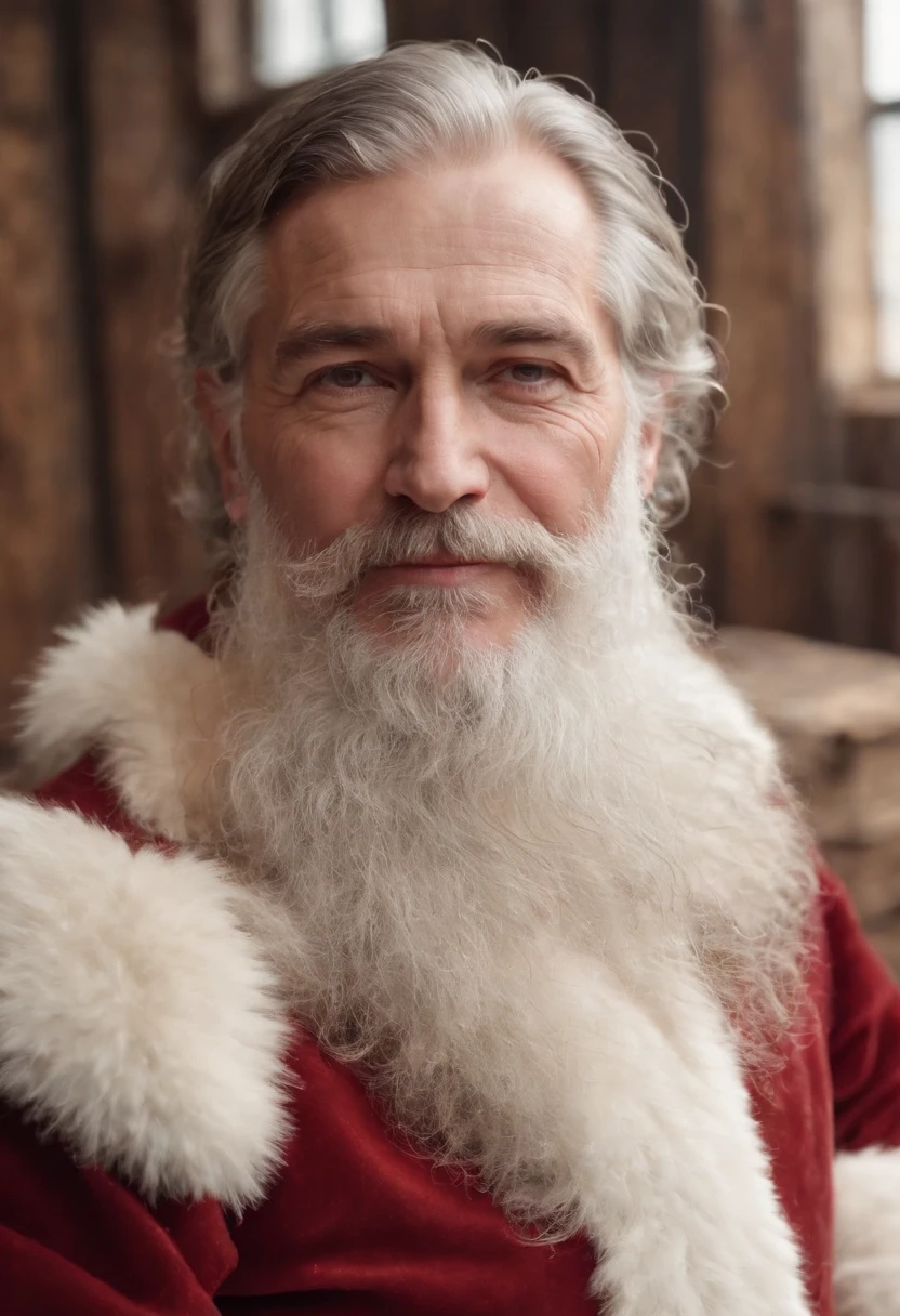 best quality, 4k, highres, masterpiece:1.2, ultra-detailed, realistic:1.37, HDR, vivid colors, studio lighting, sharp focus, bokeh, fine art, portraits, vintage style, warm color palette, gentle lighting, aged texture, rustic background, bearded old man, rosy cheeks, kind eyes, wrinkled face, traditional red and white suit, fluffy white beard, weathered hands, sturdy wooden deck made of ipe, industrial warehouse setting, aged metal walls, large windows, soft natural light pouring in, crates filled with gifts, stacks of wooden planks, tools scattered around, sawdust on the floor, old-fashioned Christmas vibes, nostalgic atmosphere