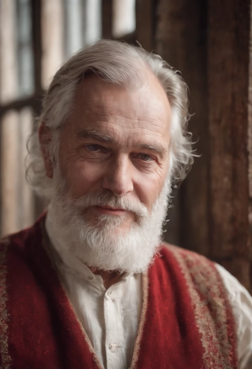 best quality, 4k, highres, masterpiece:1.2, ultra-detailed, realistic:1.37, HDR, vivid colors, studio lighting, sharp focus, bokeh, fine art, portraits, vintage style, warm color palette, gentle lighting, aged texture, rustic background, bearded old man, rosy cheeks, kind eyes, wrinkled face, traditional red and white suit, fluffy white beard, weathered hands, sturdy wooden deck made of ipe, industrial warehouse setting, aged metal walls, large windows, soft natural light pouring in, crates filled with gifts, stacks of wooden planks, tools scattered around, sawdust on the floor, old-fashioned Christmas vibes, nostalgic atmosphere