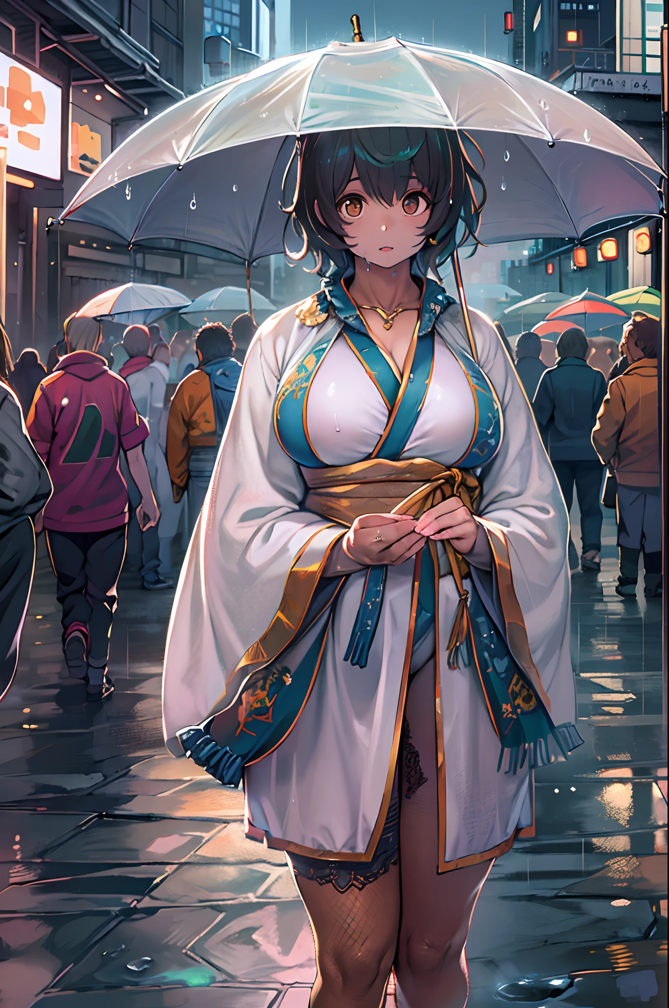 rainy evening,city,A beautiful woman with gal makeup in a sports suit becomes a lively cityscape of Gintama, Surrounded by vendors, Beautiful portrait of a stunning goddess girl, beautifull detailed face, Porcelain Skin, Full body shot, Centered, ultra soft lighting, symmetry, Convoluted, Elegant, Highly detailed, Photorealistic, art  stations, Concept art, Smooth, as imagined by greg rutkowski and borris vallejo, cover, Vogue style