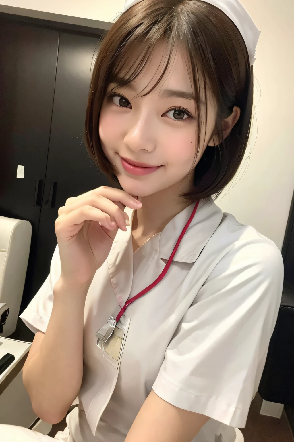(8K、Raw photography、top-quality、masuter piece:1.2)、ultra-detailliert、ultra res、(realisitic、rialistic photo:1.37)、portlate、high-definition RAW color photography、Professional Photography、highly detailed and beautiful、ighly detailed、8K Picture Wallpaper、amazing detailed、huge filesize、Official art、Highly detailed CG Unity 8K wallpapers、highly detailed beautiful girl、extra detailed face、extremely detailed eye、highlydetailed skin、extremely detailed fingers、highly detailed nose、very detailed detailed mouth、Perfect Anatomy、highly detailed back ground、Highly detailed clothing、 1 人、(18:1.2)、Teete little us Japan idol、cute little、Realistic body、小柄、de pele branca、glistning skin、Slim body、Handsome body、brown haired、Short curly hair、(Blunt bangs:1.2)、A smile、kawaii、zora々Right、kawaii faces、Lifelike face、Delicat eyes、Sauce order、White shirt、skirt by the、耳Nipple Ring、Looking at the camera、cowboy shot、front facing、Contrapo, high street, 动态照明,((((White nurse))))、hospitals、Hospital Room