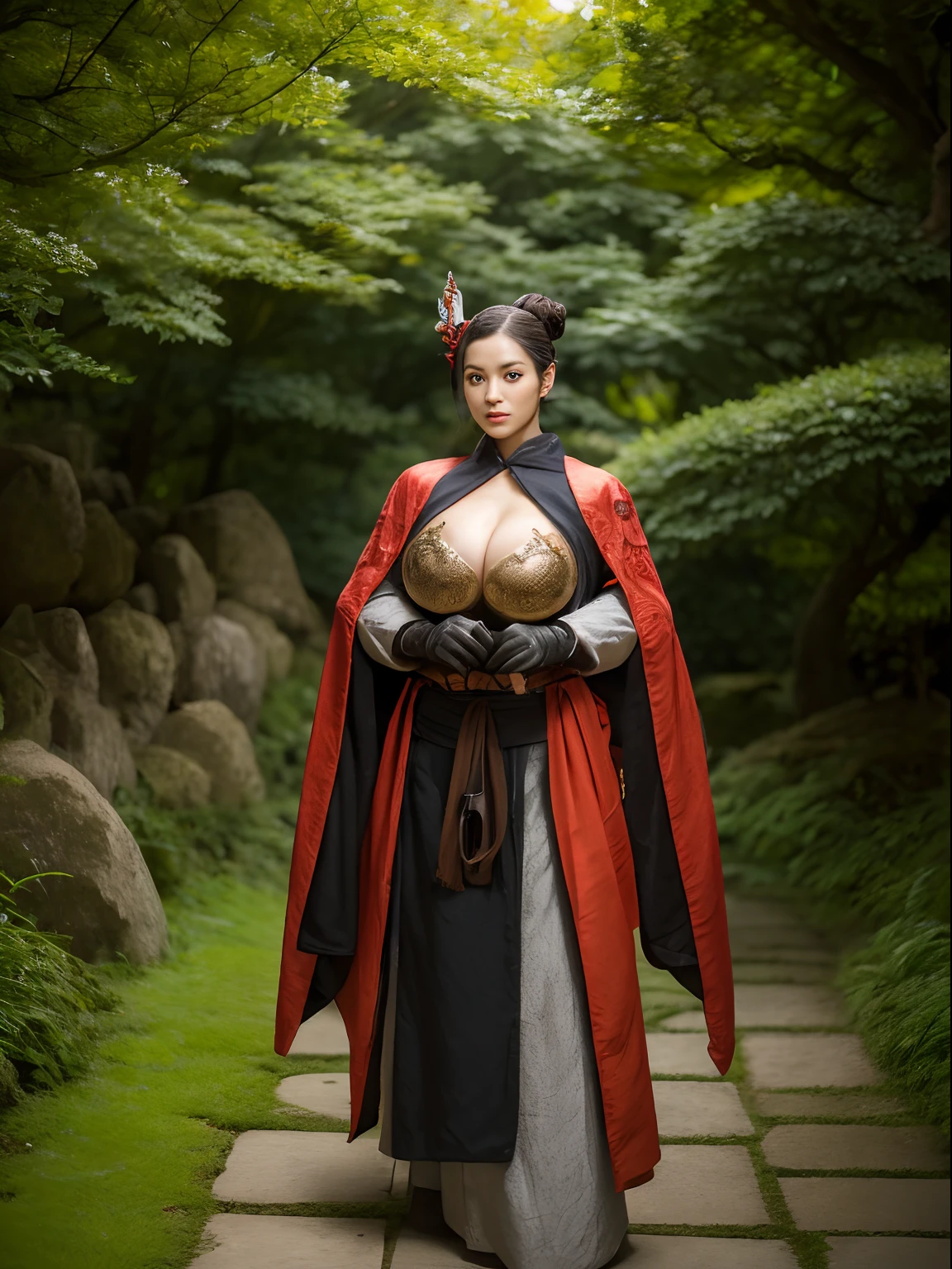 (masterpiece, top quality, best quality, official art, beautiful and aesthetic:1.2), (1girl:1.3), dark brown hair in a tight bun, extremely detailed, portrait, looking at viewer, solo, (full body:0.6), detailed background, close up, (warm summer Feudal Japan theme:1.1), samurai, charlatan, mysterious, standing in a garden, samurai armor, samurai helmet, crest, pauldrons, hip armor, breastplate, greaves, bracers, gloves, katana, banner, metal, black leather, breeches, leggings, loose pants, bracers, armor, gauntlets, boots, buckles, straps, ((((gigantic breasts)))), slim waist, slim hips, long legs, sunset, Feudal Japan, Mount Fuji, (Japanese garden exterior:1.1) background, dark mysterious lighting, shadows, magical atmosphere, dutch angle,