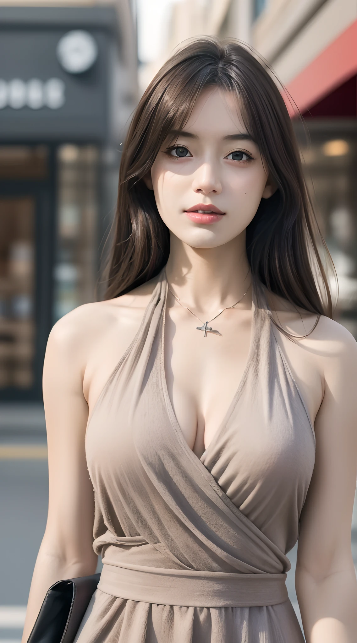 masterpiece, super realistic photo, ultra hires, ultra detailed, xxmixgirl,1 female, detailed face, modern cafe, shadow dramatic lighting by Bill Sienkiewicz ( SimplepositiveXLv1:0.7), xxmix_girl,aesthetic portrait, glay wrap cross halter neck dress, knit dress, rib dress, detailed eyes detailed face
