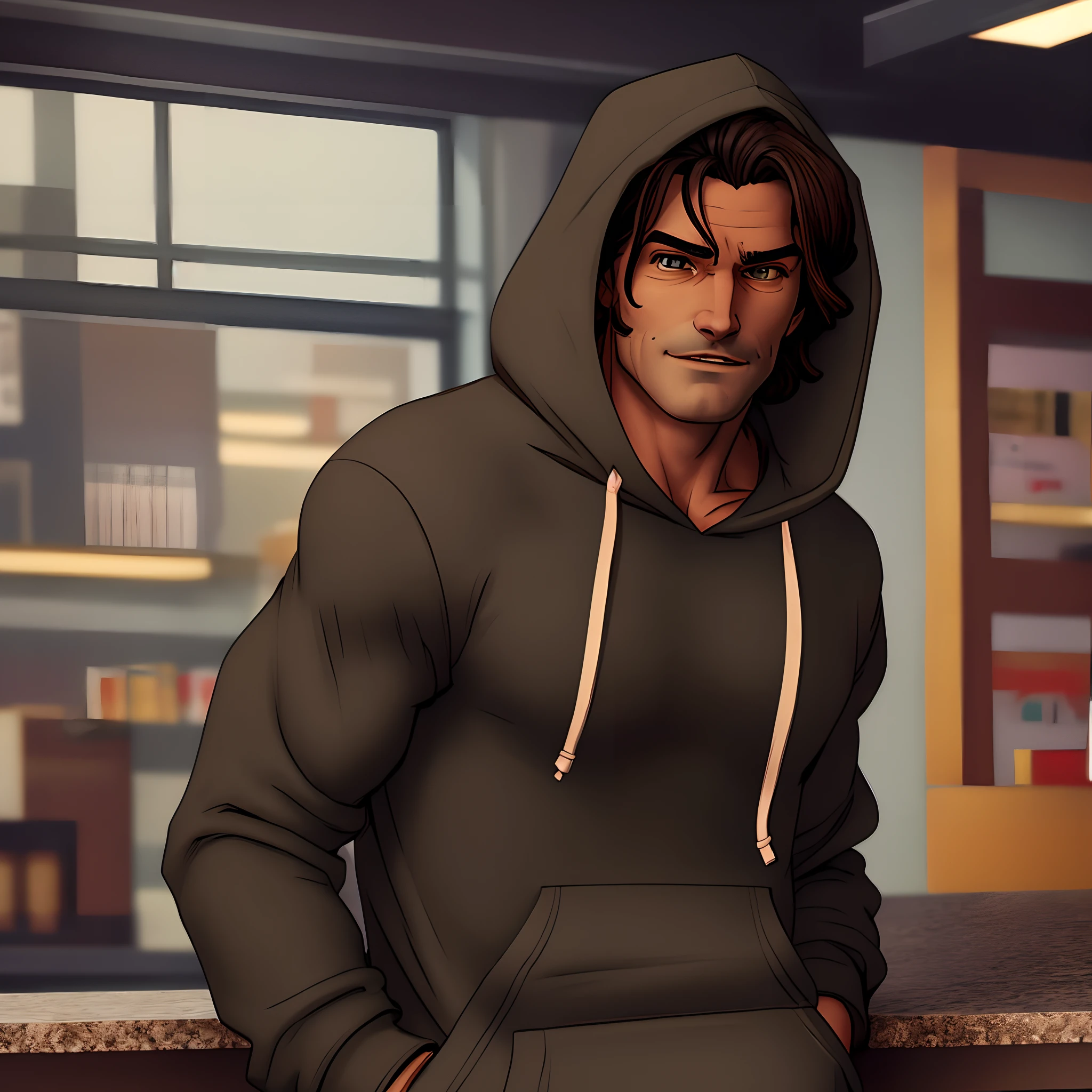 Bigby wolf wearing a black hoodie with the hood up