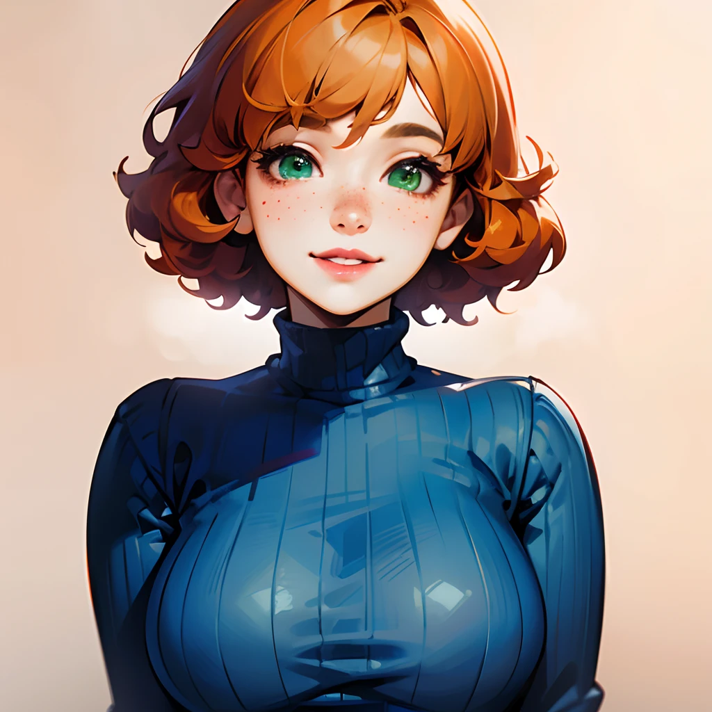 1woman, short curly orange hair, green eyes, freckles, full lips, medium breasts, white sweater, smile, solo, best quality, masterpiece, portrait, simple background, looking at the camera, from the front, 1result, vibrant, detailed, perfect anatomy, detailed art, high definition, 4k, high resolution