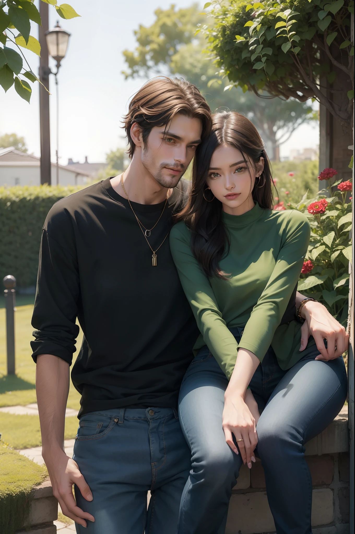 Man and woman couples, beautiful woman sitting on the man's lap, tall handsome man hugging from her behind, man wearing green shirt and black jeans pants ,women wearing a red lovely dress for parties, no extra fingers, no extra hands, no bad hands, no bad fingers, perfect Anatomy, perfect body, they look lk happy, they walking in the garden