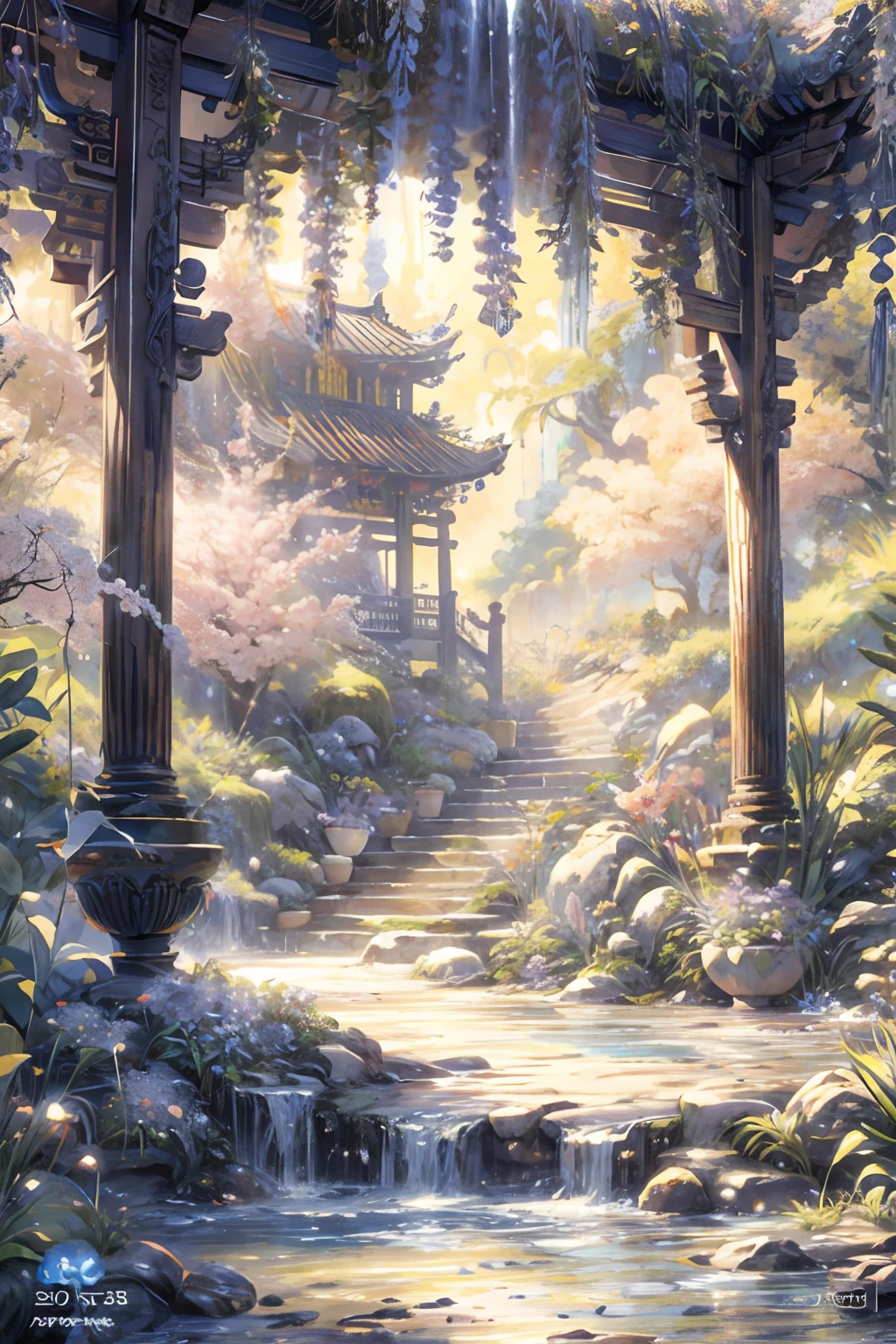 Garden painting with waterfalls and bridges, floral environment, Anime landscape concept art, Anime background art, Magical environment, arte de fundo, landscape artwork, fantasy magical vegetation, fantasy painterly style, whimsical fantasy landscape art, in bloom greenhouse, Beautiful environment, dreamy and detailed, very detailed digital painting, art nouveau jungle environment, the grand temple of flowers,Chinese style elements,an osmanthus tree,