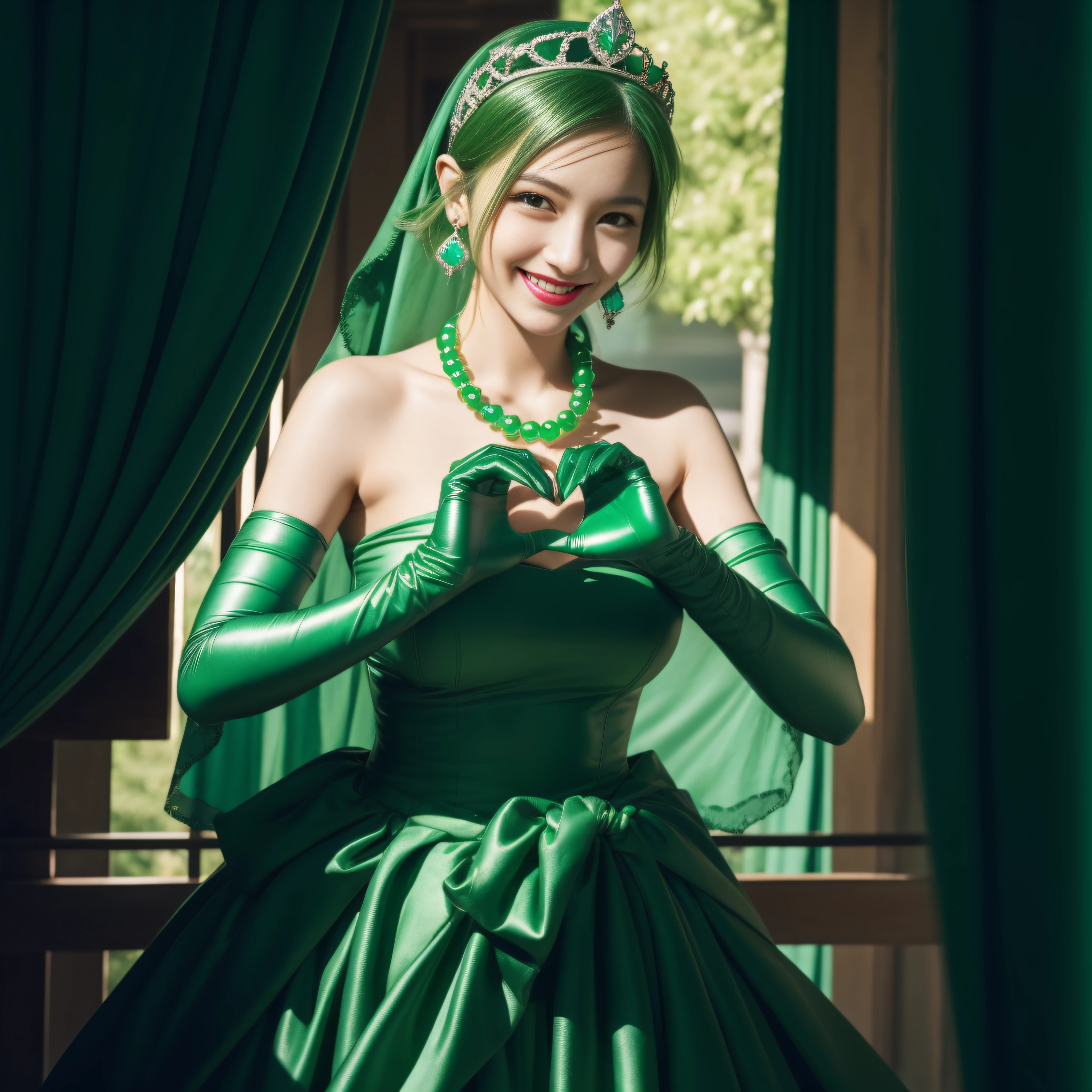 emerald tiara, Green Pearl Necklace, Boyish very short green hair, lipsticks, Japan woman smiling, very short short hair, big breasts beautiful, Green eyes, Long green gloves made of satin material, Green eyes, Emerald Earrings, green vale, Heart with both hands