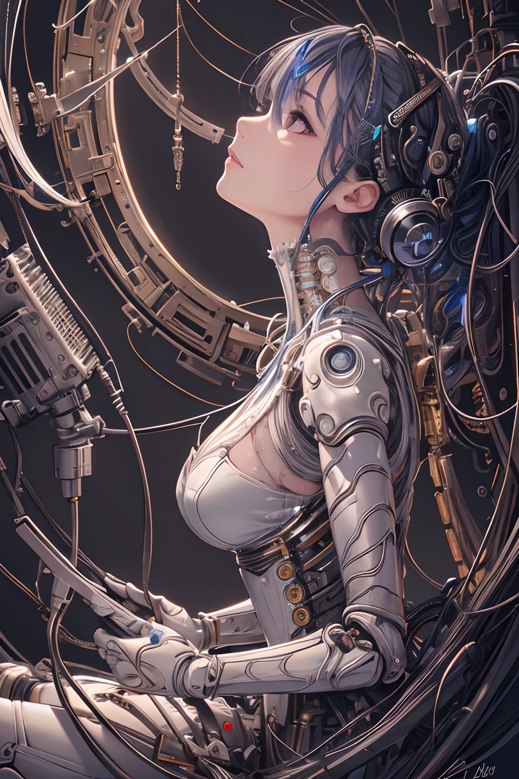 (((masterpiece))), (((best quality))), ((super detailed)), (Highly detailed CG illustrations), ((extremely delicate and beautiful)),(from the side),movie lighting,((1 Mechanical Girl)),alone,whole body,(Machine made joints:1.2),((mechanical limbs)),(blood vessels connected to tubes),(Mechanical vertebrae attached to the back),((Cervical spine mechanical fixation in the neck)),(sitting),poker face,(Wires and cables connected to the neck:1.2),(Wires and cables on your head:1.2)(Character focus),Science fiction,Very detailed,colorful,most detailed