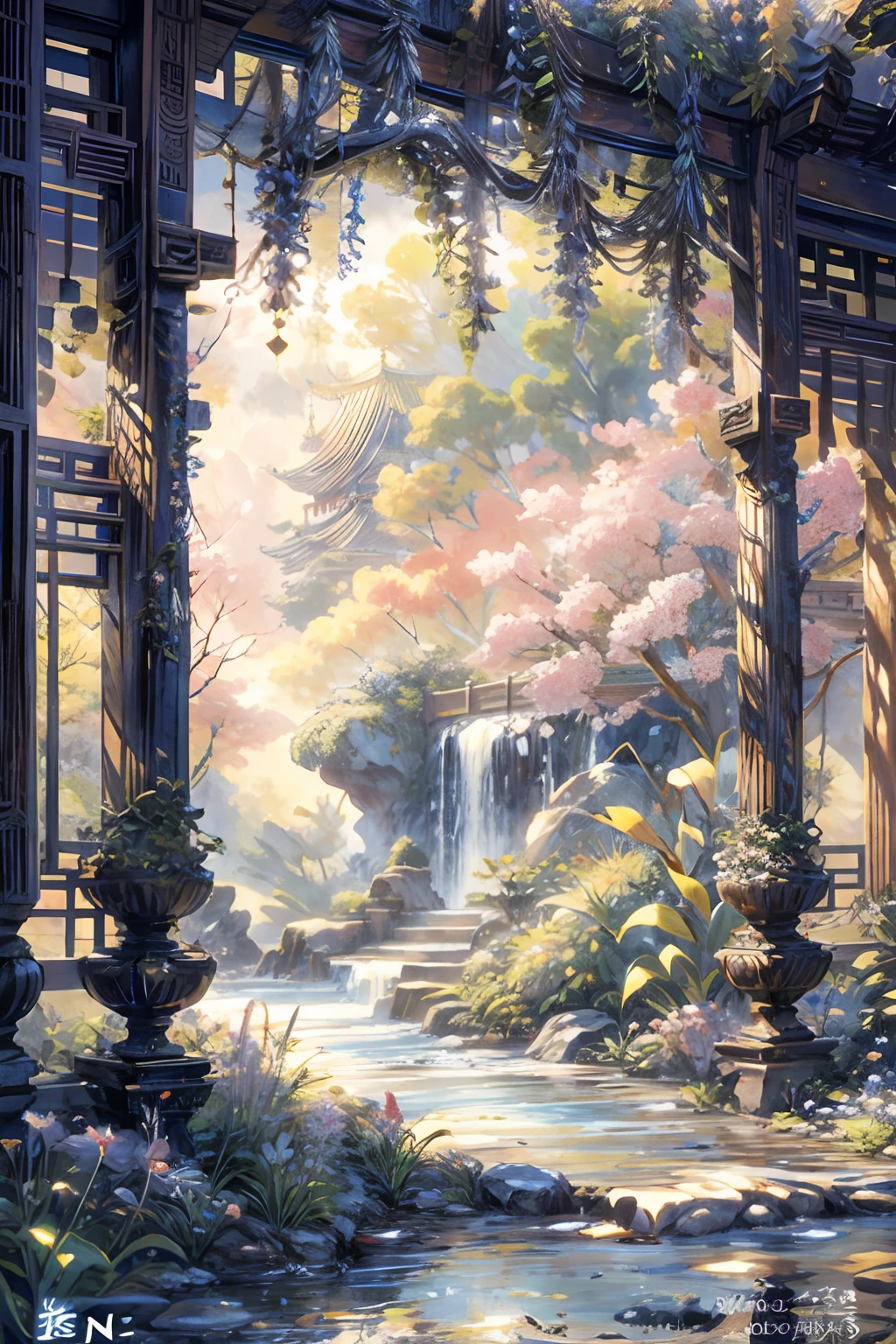 Garden painting with waterfalls and bridges, floral environment, Anime landscape concept art, Anime background art, Magical environment, arte de fundo, landscape artwork, fantasy magical vegetation, fantasy painterly style, whimsical fantasy landscape art, in bloom greenhouse, Beautiful environment, dreamy and detailed, very detailed digital painting, art nouveau jungle environment, the grand temple of flowers,Chinese style elements,an osmanthus tree,