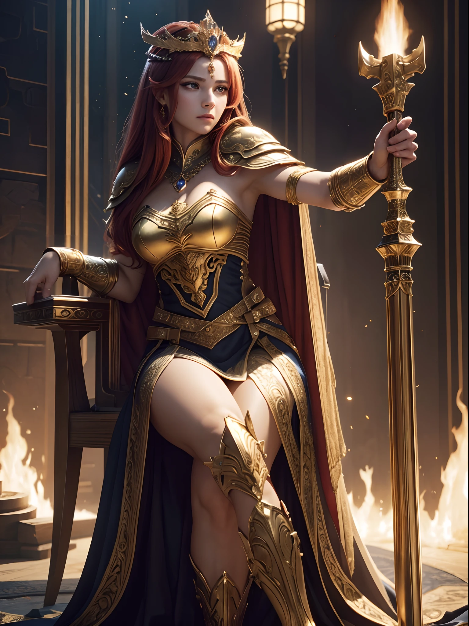 Fantasia、Babylonia、Best Quality, Very high resolution, 4K Detail CG, master piece、aesthetics、Mysterious、Queen of Thrones、Charisma、Ishtar, Goddess of War、Increase your fighting spirit、Wearing a spear、Invincible Great General、resolute、Be brave and bold、brave、Strong style、Awe-inspiring Hall々、Glory of victory、Honor of Babylon、Veteran Hero、Extraordinary beauty、Guardians of Lions、refinement、noble、Proud、Wearing noble jewelry、The appearance is golden armor、cloaks、tall and slender、Long hair with fiery red hair、thirds rule、Perfect Angle、(((masterpiece)))、(((top-quality)))、((ultra-definition))、(High Definition CG Illustration)、((extremely delicate and beautiful))、Cinematicla
