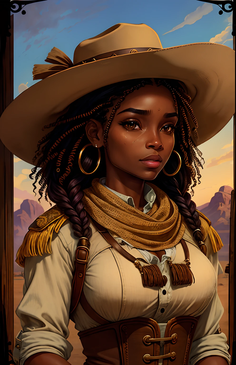 Sepia color "wanted" poster typical of the old west Anime style western holster clothing wide-brimmed hat, epaulettes, Texas rodeo boots, old west revolver Full body Name: Zuri Physical Characteristics: Zuri is a yo ung woman of African descent with a natural and striking beauty. Her skin is a warm ebony tone, with a healthy glow despite the hard days of work in the cotton field. His eyes are deep and expressive, a dark brown that highlights their intensity. Her hair, curly and thick, frames her face with an ebony cascade, and she often has a scarf or ribbon adorning her braids. Their facial features are harmonious, with pronounced cheekbones and soft lips that convey strength and determination.