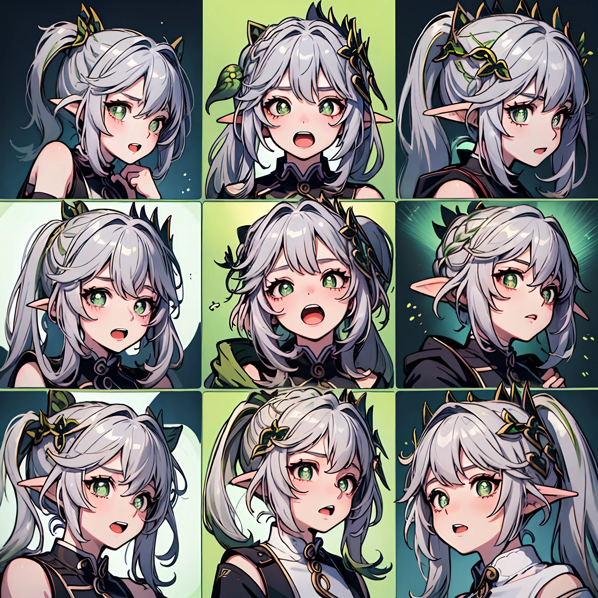 1girll, (Netflix Arena, nahidadef，Uniform gray hair)，9 grids，3*3 grids，9 emoji packs，9 poses and expressions，Disney cartoon style，Black strokes，Different emotions，8K