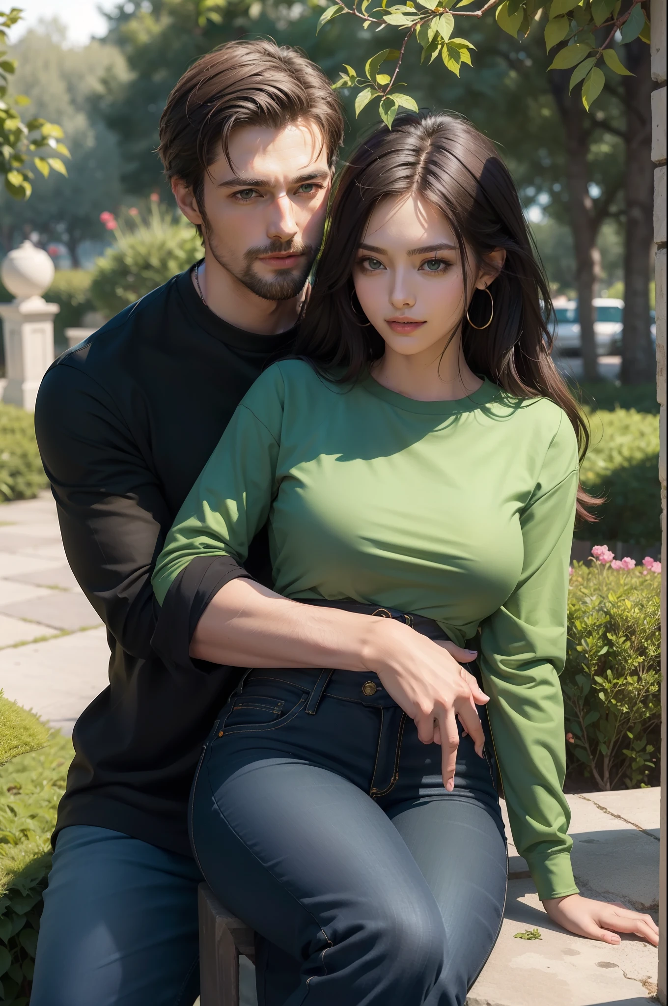 Man and woman couples, beautiful woman sitting on the man's lap, tall handsome man hugging from her behind, man wearing green shirt and black jeans pants ,women wearing a red lovely dress for parties, no extra fingers, no extra hands, no bad hands, no bad fingers, perfect Anatomy, perfect body, they look lk happy, they walking in the garden
