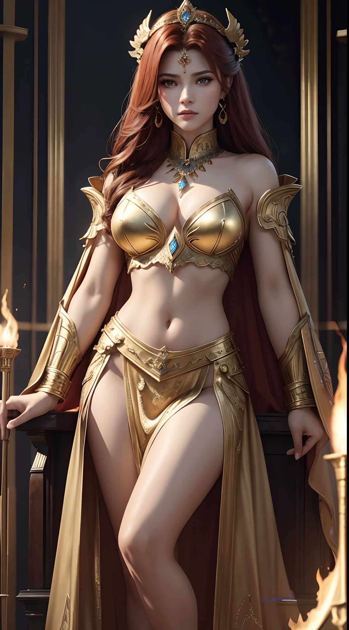Fantasia、Babylonia、Best Quality, Very high resolution, 4K Detail CG, master piece、aesthetics、Mysterious、Queen of Thrones、Charisma、Ishtar, Goddess of War、Increase your fighting spirit、Wearing a spear、Invincible Great General、resolute、Be brave and bold、brave、Strong style、Awe-inspiring Hall々、Glory of victory、Honor of Babylon、Veteran Hero、Extraordinary beauty、Guardians of Lions、refinement、noble、Proud、Wearing noble jewelry、The appearance is golden armor、cloaks、tall and slender、Long hair with fiery red hair、thirds rule、Perfect Angle、(((masterpiece)))、(((top-quality)))、((ultra-definition))、(High Definition CG Illustration)、((extremely delicate and beautiful))、Cinematicla