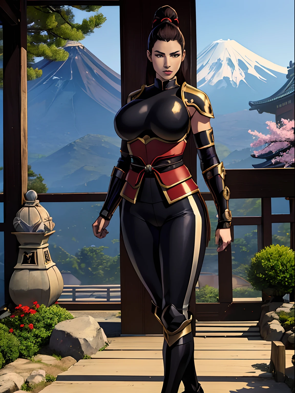 (masterpiece, top quality, best quality, official art, beautiful and aesthetic:1.2), (1girl:1.3), hot Japanese girl, pornstar face, dark brown hair in a tight bun, extremely detailed, portrait, looking at viewer, solo, (full body:0.6), detailed background, close up, (warm summer Feudal Japan theme:1.1), samurai, charlatan, mysterious, standing in a garden, samurai armor, samurai helmet, crest, pauldrons, hip armor, breastplate, greaves, bracers, gloves, katana, banner, metal, black leather, breeches, leggings, loose pants, bracers, armor, gauntlets, boots, buckles, straps, ((((gigantic breasts)))), slim waist, slim hips, long legs, sunset, Feudal Japan, Mount Fuji, (Japanese garden exterior:1.1) background, dark mysterious lighting, shadows, magical atmosphere, dutch angle,