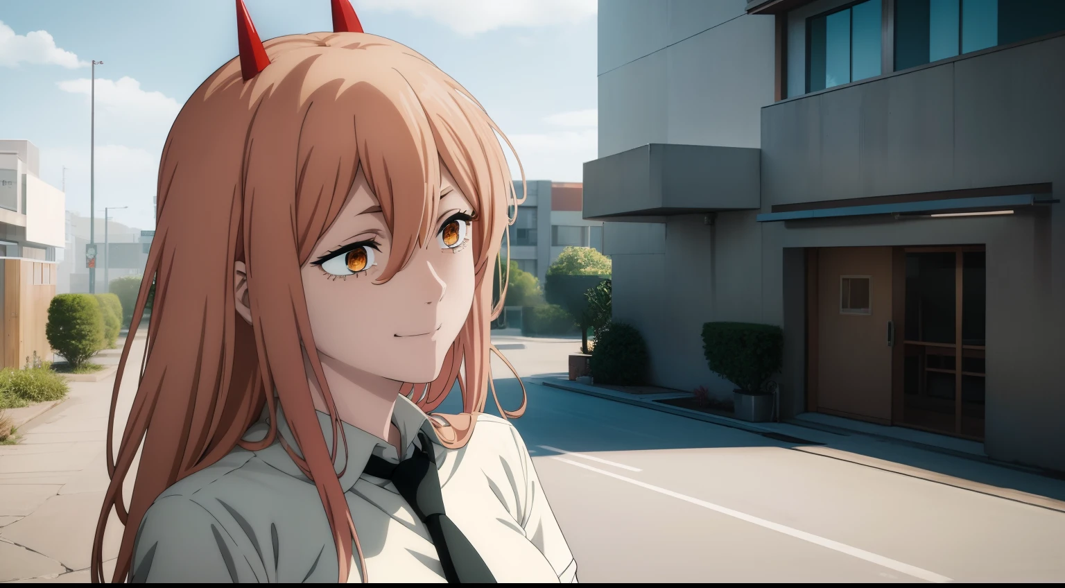Power from Chainsawman, Red horns on the head, Anime girl with a smile, detailed digital anime art, Cool anime 8K, Clean and detailed anime art, Gouveyz on Pixiv ArtStation, 4K Manga Wallpapers, Guweiz in Artstation Pixiv, Подробный портрет Anime Girl, Anime 4K Style, Anime Art Wallpapers 4K, Anime Art Wallpaper 4K Masterpiece, Gorgeous, Best Quality, hight resolution, 1girl, 独奏,Cute, smilling, blonde, Pink_Hair, dangerous,vivid eyes,Yellow eyes, Odin, roof, Mesmerizing eyes,Confident,superior, naughty, LAUGHTER BREAK (power \(chainsaw man\),), back light, glowing eyes, an artistic, wallpapers, black necktie, (Sensual),Happy, BREAK Intimate, Digital Art, High Details, contemporary, Intricate, (a perfect face), Traced lights, BREAK superior,Cinematic, absurdes, white shirt, City, red horns,