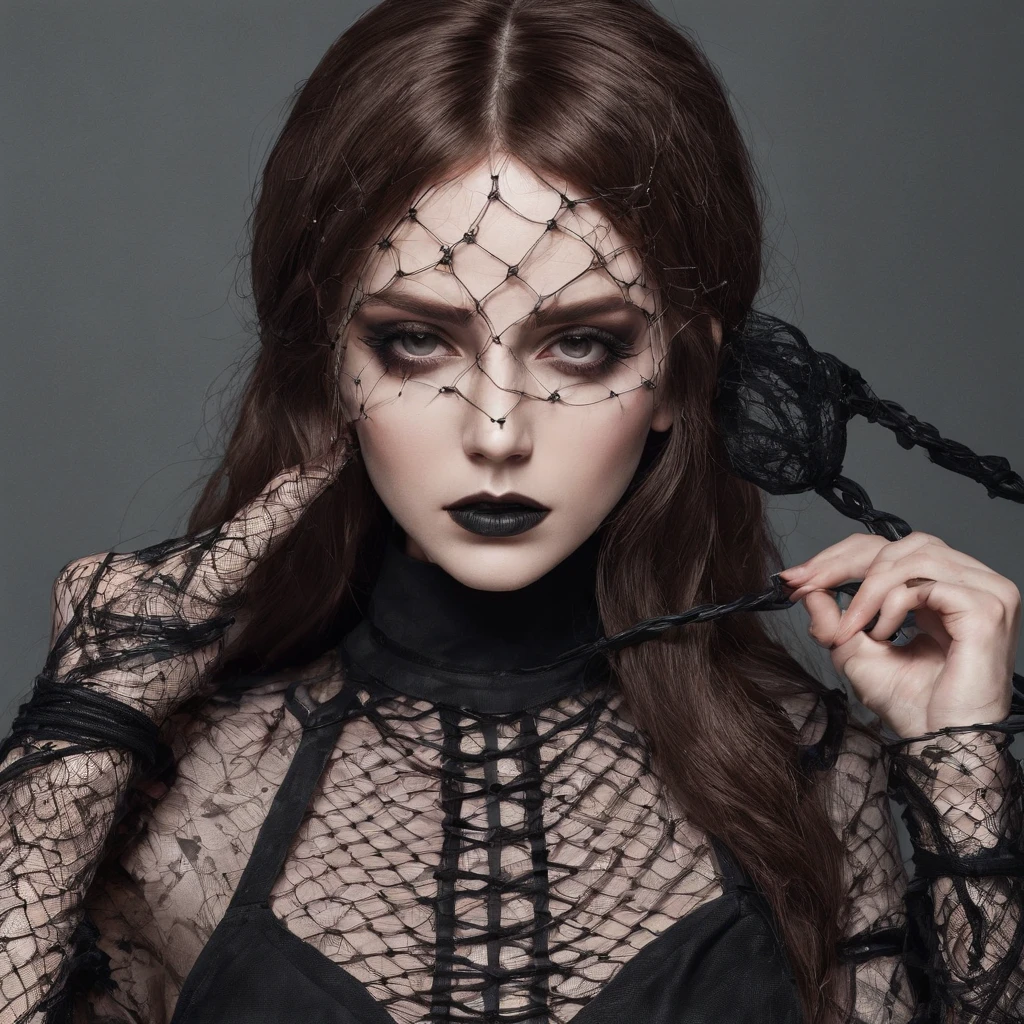 Girl with gothic net symbolic clothes, 。.com (Barbed wire of the body) brunette color hair giving a blowjob