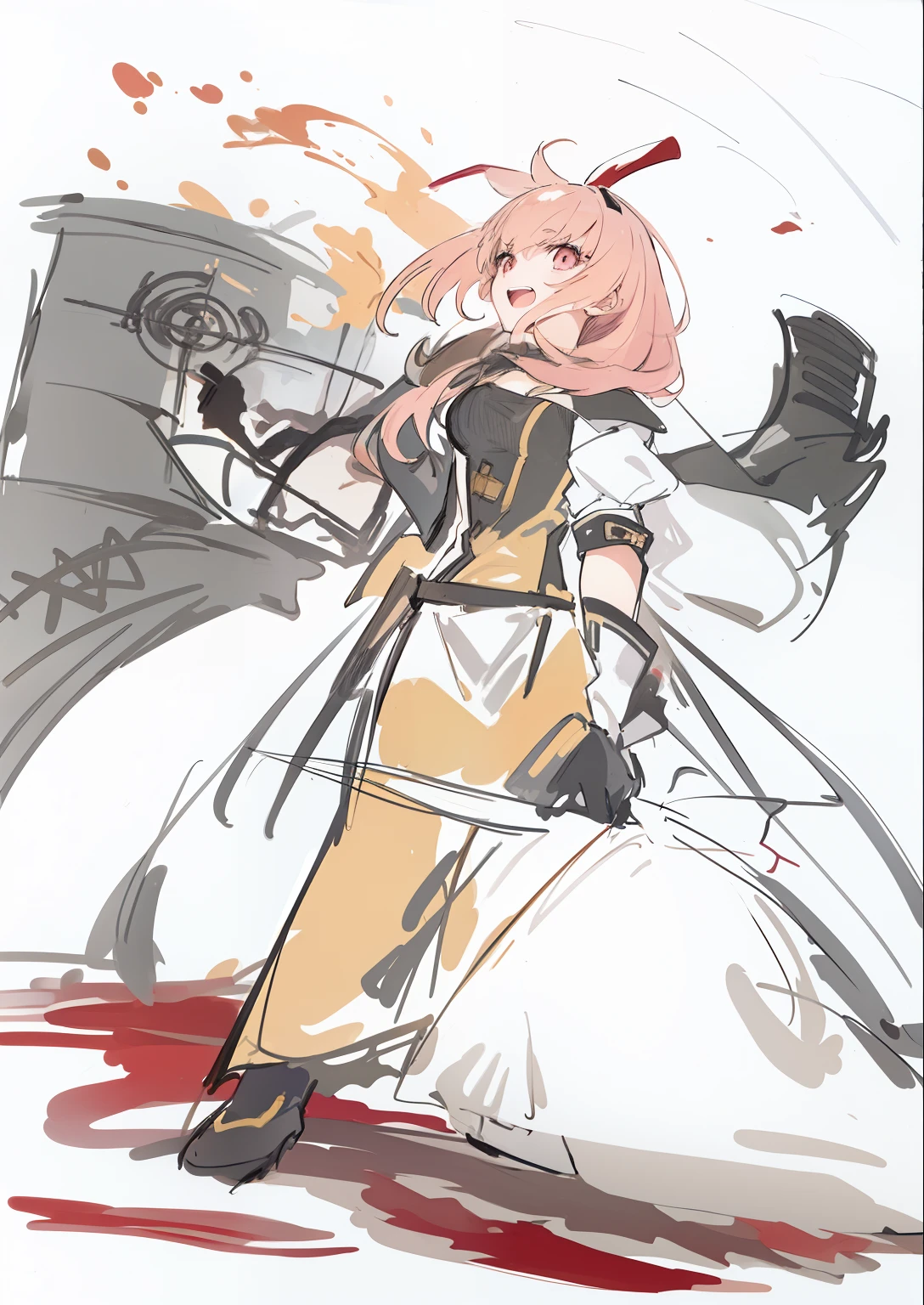 Anime drawing of woman in yellow dress with baseball gloves, guilty gear art style, colored accurately, sketchy artstyle, Gapmoe Yandere, Female protagonist 👀 :8, colored sketch anime manga panel, r /Art Book, r/Art Book, r / Art Book, yandere. tall, [ conceptual art ]!!, Rough sketch, zerochan, Happy!!!