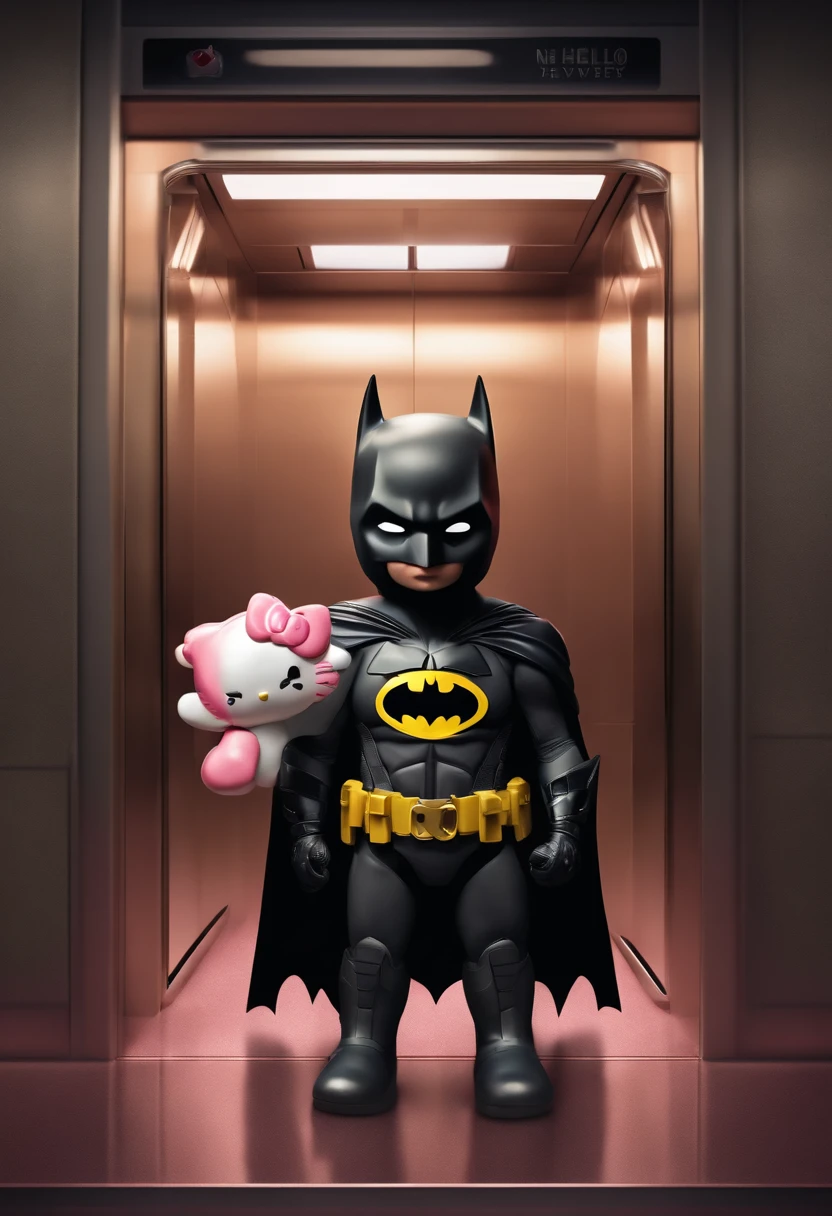 batman holding a hello kitty plushie in a elevator