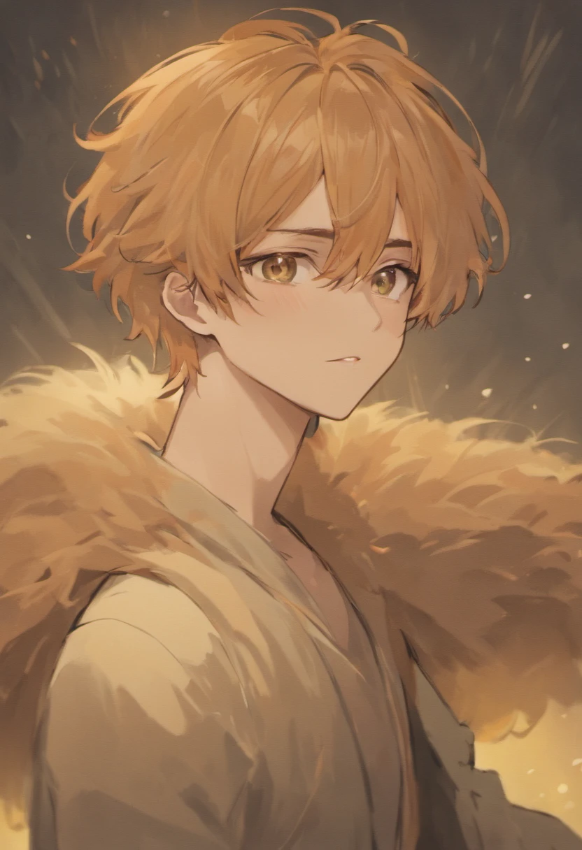male, 6'4, gentle face, handsome, soft eyes, soft mid length, fluffly light brown hair. He as a muscular, toned build and a pale complexion. beauty mark below his right eye and one below the right corner of his mouth