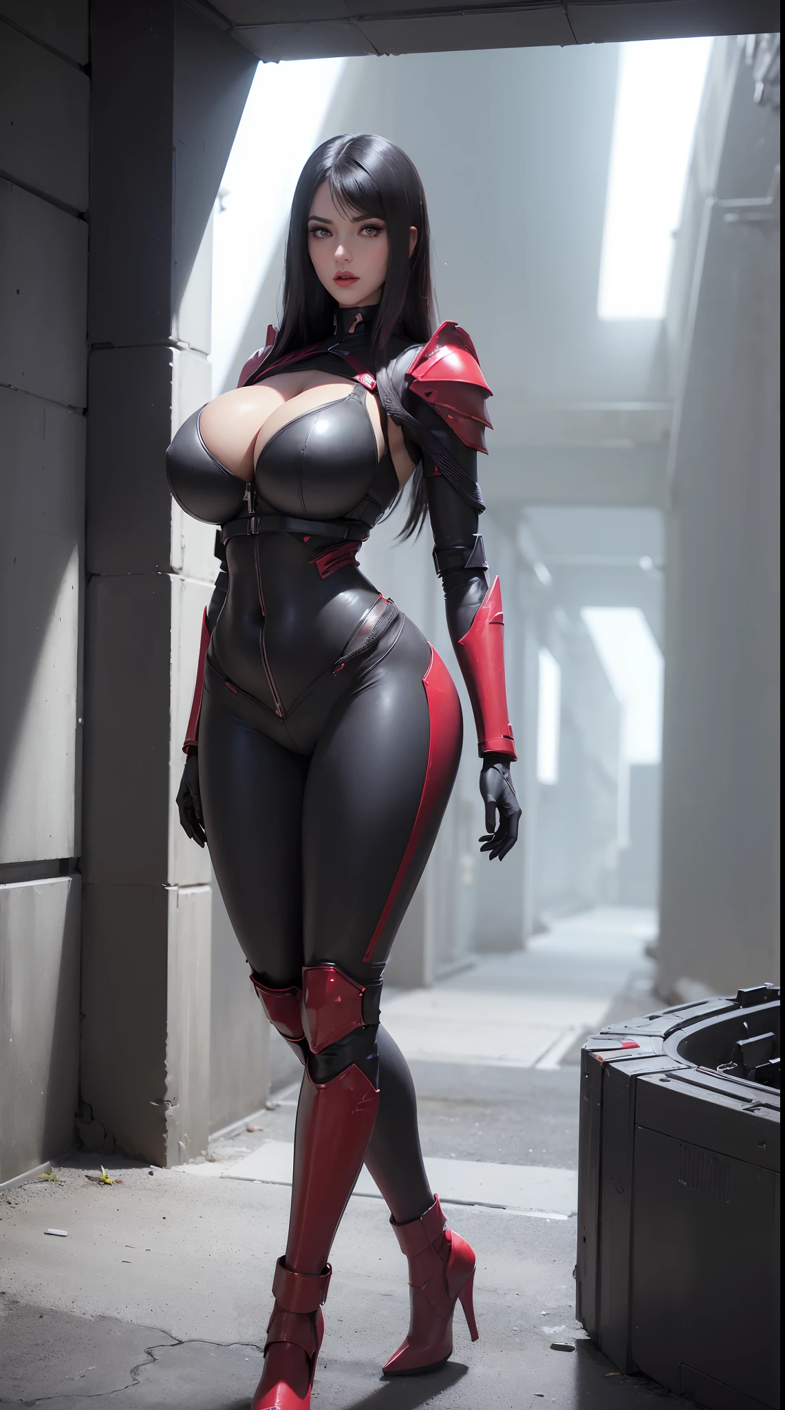 (1GIRL,SOLO:2), (super detailed face), ((BIG BUTTOCKS, HUGE FAKE BREASTS:1.5)), (CLEAVAGE TOP, BARE ABS:1.5), (11 LINE ABS FEMALE:1.4), (MECHA GUARD ARM:1.4), ((WEAR BLACK RED MECHA BATTLE ARMOR BRA, BLACK MECHA SKINTIGHT SUIT PANTS, MECHA GUARD ARMOR LEGS, HIGH HEELS:1.5)), (LEWD VOLUPTUOUS BODY:1.3), (GLOWING SKIN:0.8), (LONG LEGS, FULL BODY:1.1), (PORTRAIT:1.3), (female focus:0.886), (WALKING DOWN HALLWAY OF FUTURISTIC SPACE STATION:1), (BRIGHT LIGHT WHITEROOM:1.3), SUPER TEXTURE, UNREAL ENGINE RENDER, PHYSICALLY-BASED RENDERING, ULTRA HIGHT DEFINITION, 16K, 1080P.