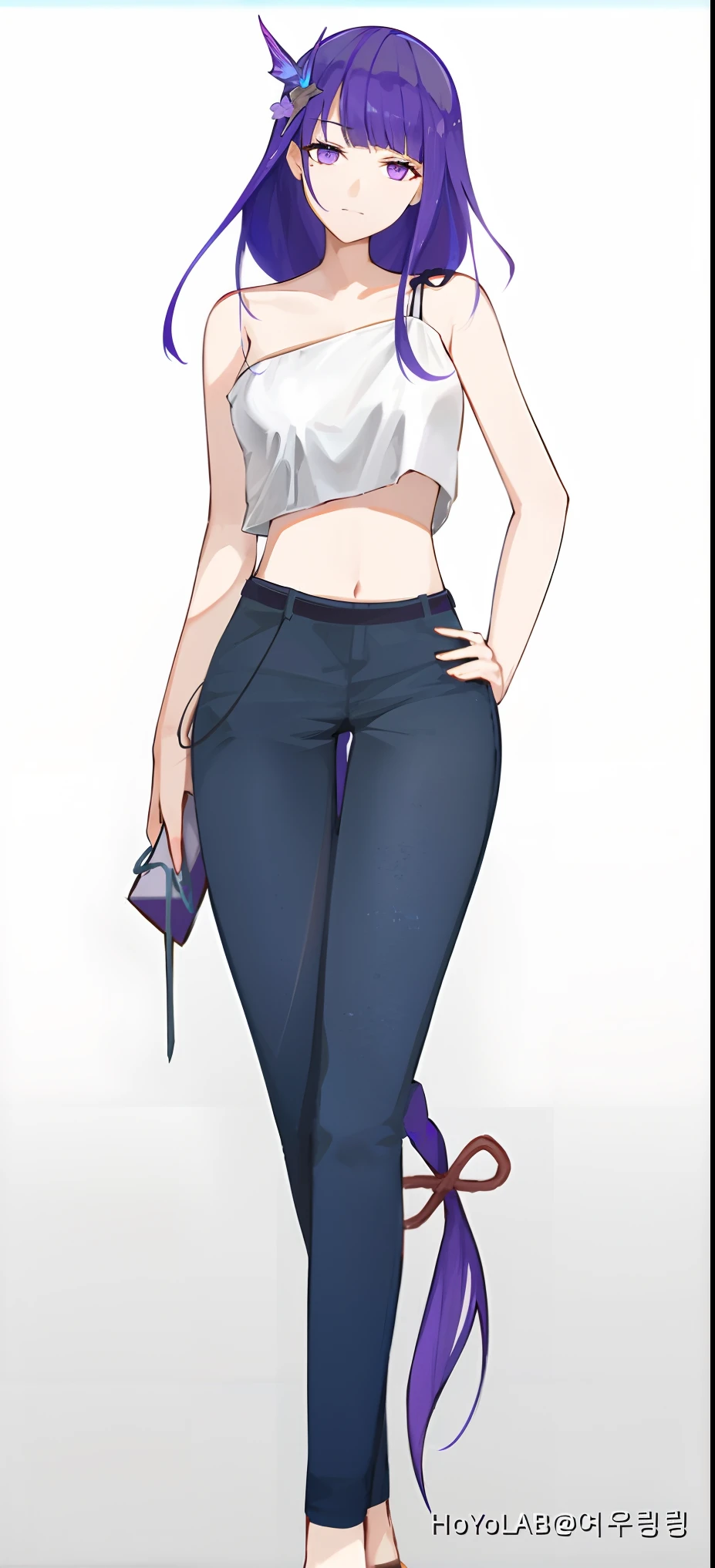 anime girl with purple hair and a white top and blue jeans, single character full body, casual pose, female outfit, full body portrait of a short!, full body picture, anime full body illustration, full body single character, wearing casual clothes, !!full body portrait!!, female full body, fullbody portrait, with clothes on, attractive androgynous humanoid, nsfw, nude