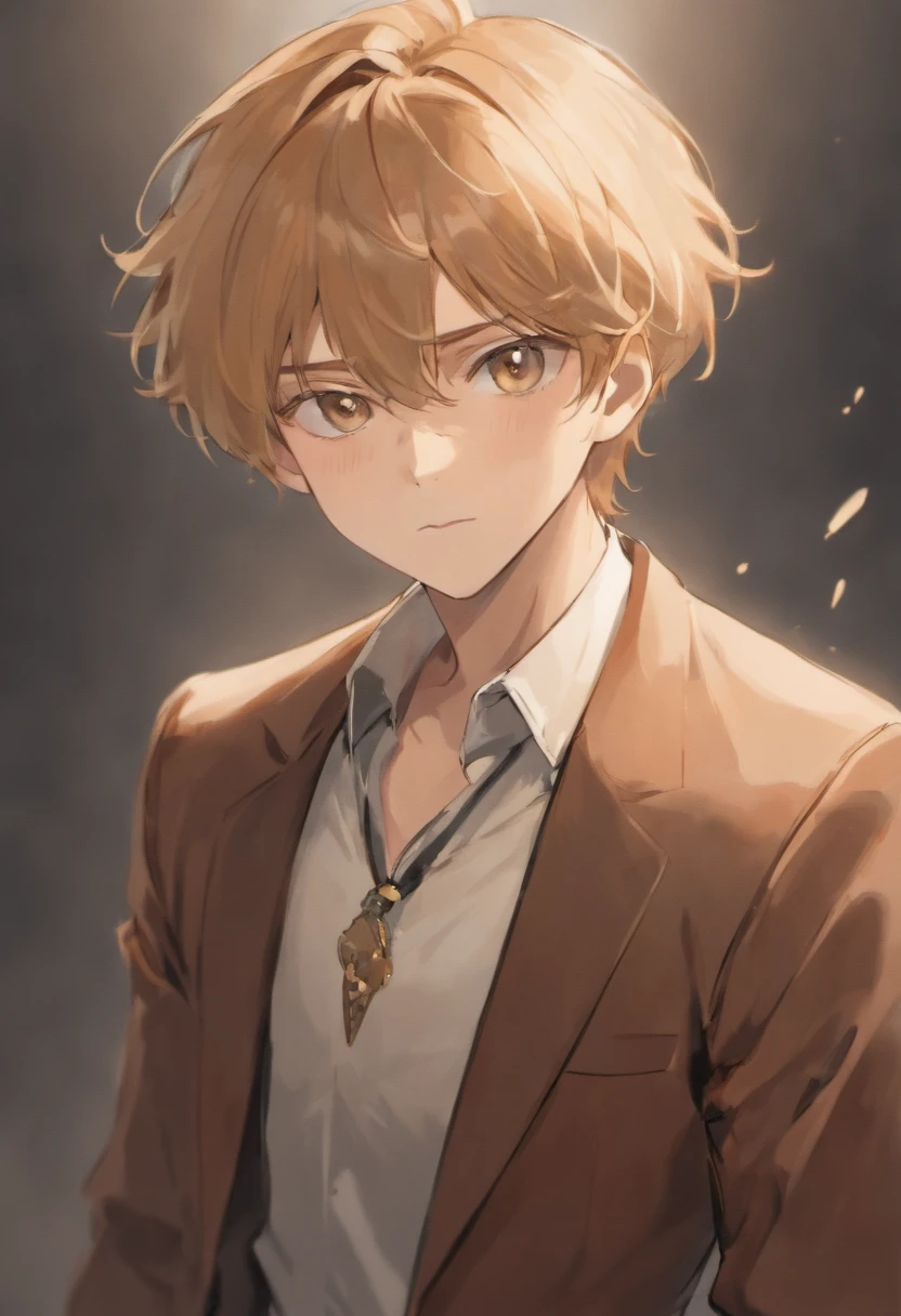 male, 6'4, gentle face, handsome, soft eyes, soft mid length, fluffly light brown hair. He as a muscular, toned build and a pale complexion. beauty mark below his right eye and one below the right corner of his mouth, fox eyes, tall, wearing a suit