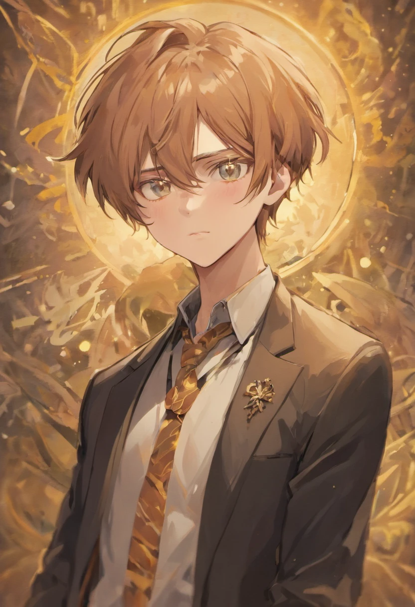 male, 6'4, gentle face, handsome, soft eyes, soft mid length, fluffly light brown hair. He as a muscular, toned build and a pale complexion. beauty mark below his right eye and one below the right corner of his mouth, fox eyes, tall, wearing a suit