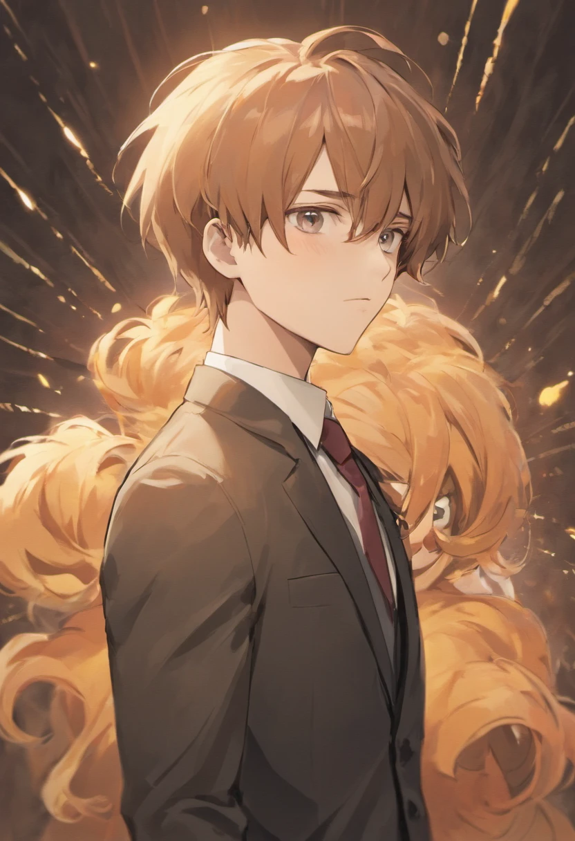 male, 6'4, gentle face, handsome, soft eyes, soft mid length, fluffly light brown hair. He as a muscular, toned build and a pale complexion. beauty mark below his right eye and one below the right corner of his mouth, fox eyes, tall, wearing a suit