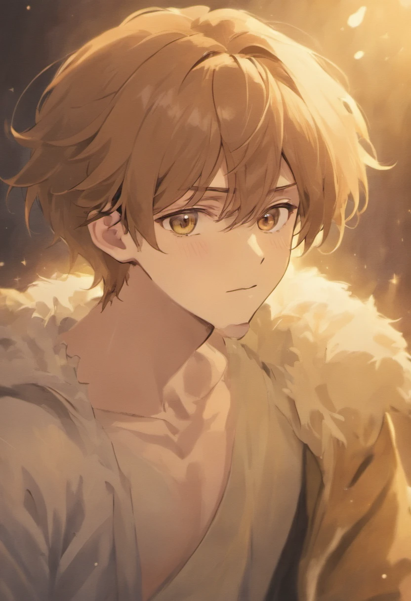 male, 6'4, gentle face, handsome, soft eyes, soft mid length, fluffly light brown hair. He as a muscular, toned build and a pale complexion. beauty mark below his right eye and one below the right corner of his mouth