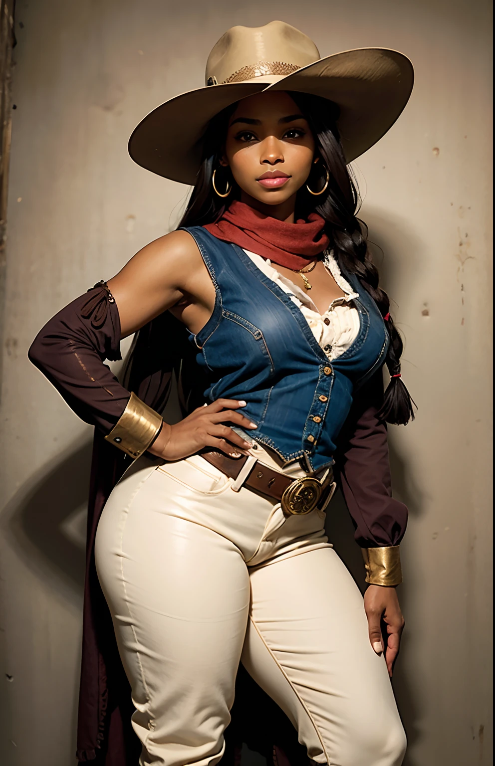 Sepia color "wanted" poster typical of the old west Anime style western holster clothing wide-brimmed hat, epaulettes, Texas rodeo boots, old west revolver Full body Name: Zuri Physical Characteristics: Zuri is a yo ung woman of African descent with a natural and striking beauty. Her skin is a warm ebony tone, with a healthy glow despite the hard days of work in the cotton field. His eyes are deep and expressive, a dark brown that highlights their intensity. Her hair, curly and thick, frames her face with an ebony cascade, and she often has a scarf or ribbon adorning her braids. Their facial features are harmonious, with pronounced cheekbones and soft lips that convey strength and determination.