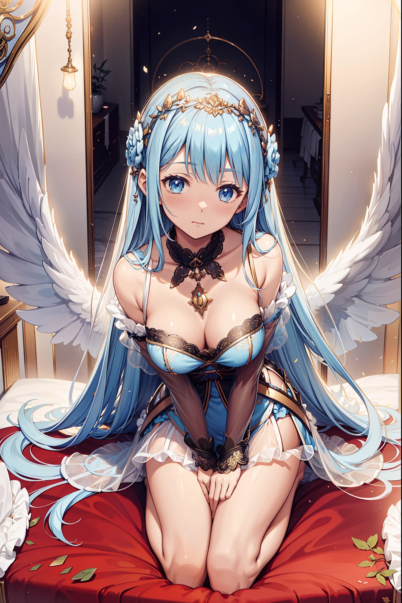 solo person,the night,inside in room,shyexpression,Little Saint,(Delicate transparent pajamas),see-through sleeves,Enchanted,Petal edges,adolable,Light colors,gentleness,Divine decoration,Sacred motifs,Lace,Ruffles,extremely detailed CG 8k wallpaper,best qualtiy,tmasterpiece,A high resolution,Delicate and beautiful face