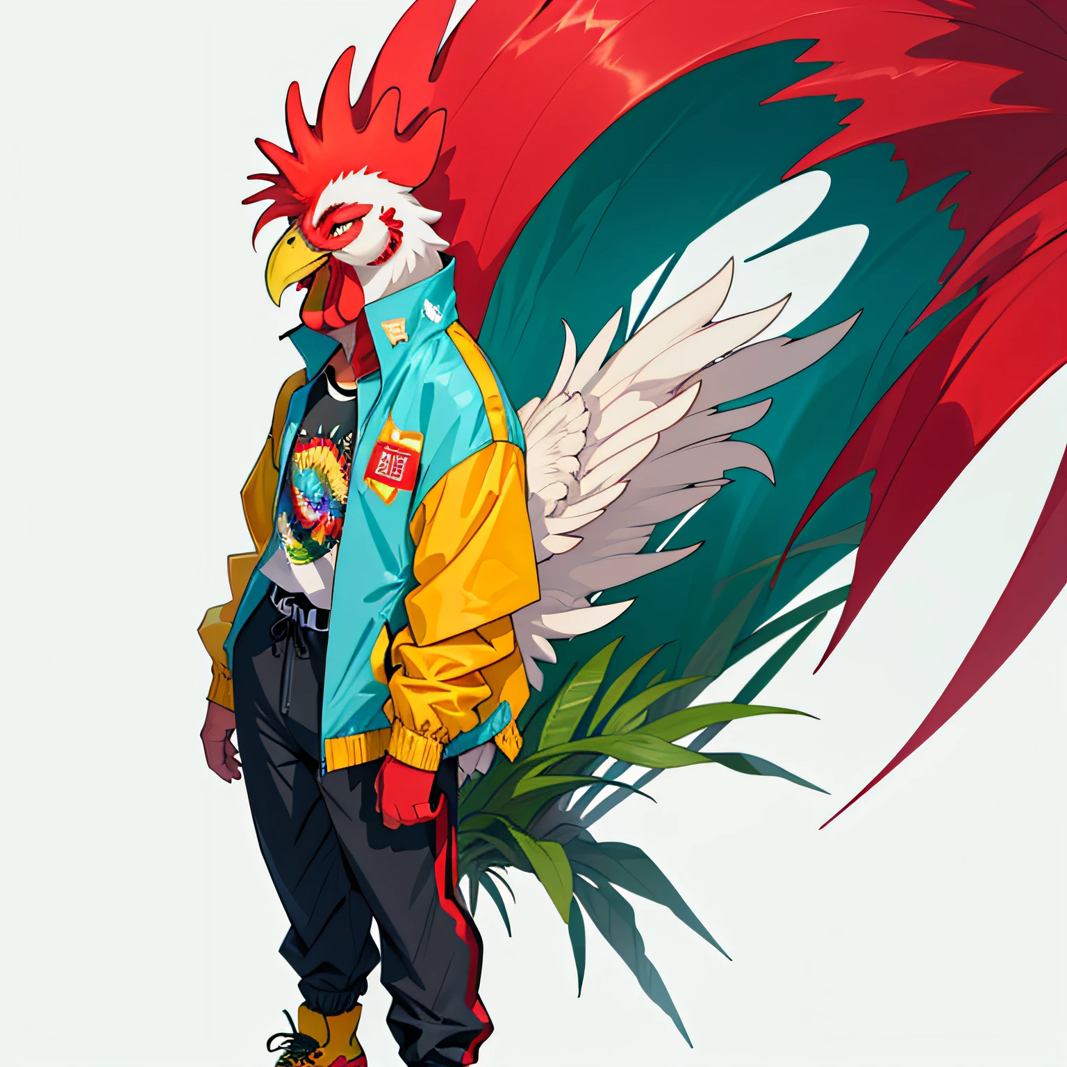 anthro rooster, male, full body, wings, portrait, (beak), windbreaker, powerplant, macro shot, pants, shirt,
