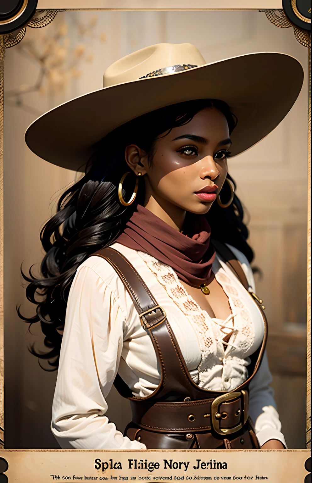 Sepia color "wanted" poster typical of the old west Anime style western holster clothing wide-brimmed hat, epaulettes, Texas rodeo boots, old west revolver Full body Name: Zuri Physical Characteristics: Zuri is a yo ung woman of African descent with a natural and striking beauty. Her skin is a warm ebony tone, with a healthy glow despite the hard days of work in the cotton field. His eyes are deep and expressive, a dark brown that highlights their intensity. Her hair, curly and thick, frames her face with an ebony cascade, and she often has a scarf or ribbon adorning her braids. Their facial features are harmonious, with pronounced cheekbones and soft lips that convey strength and determination.