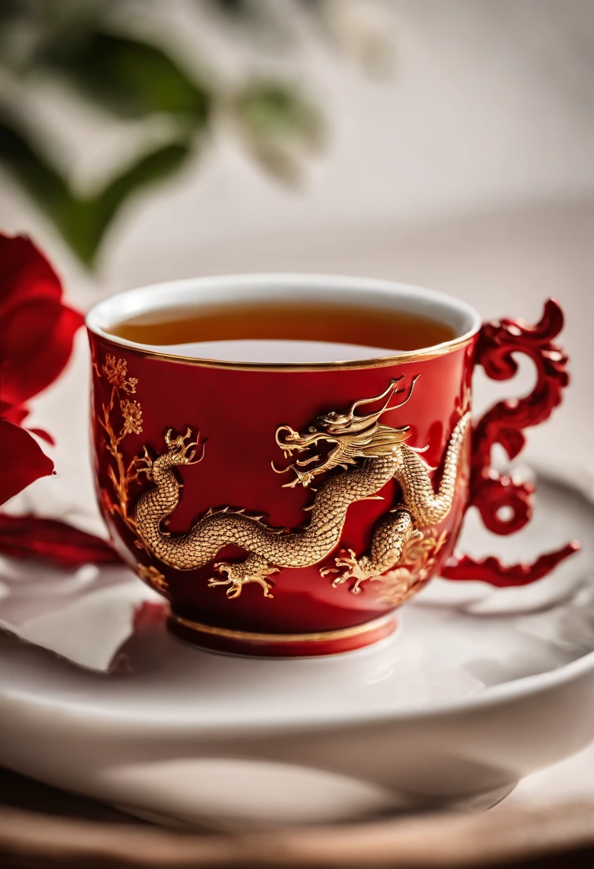A teacup in the shape of a Chinese red dragon,Place on the tea table,Product graphics,Macro,Master masterpieces,Sony SLR lens,High- sharpness
