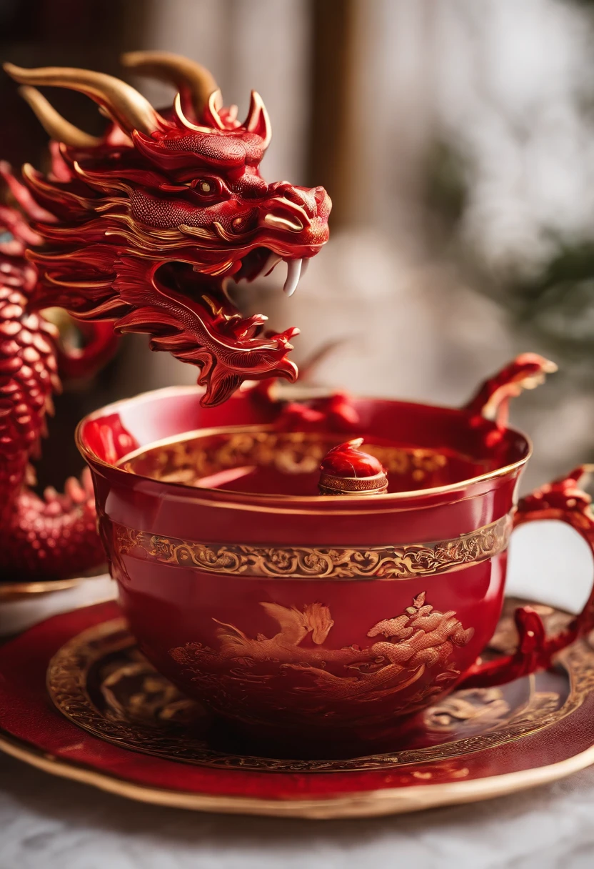A teacup in the shape of a Chinese red dragon,Place on the tea table,Product graphics,Macro,Master masterpieces,Sony SLR lens,High- sharpness