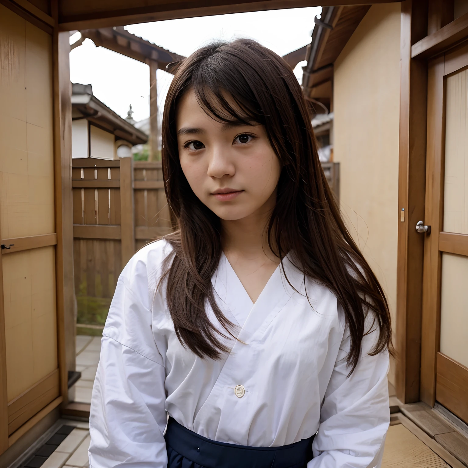 1 person Cute Japanese Girl Big temple in Kyoto Hair fluttering gently in the wind
