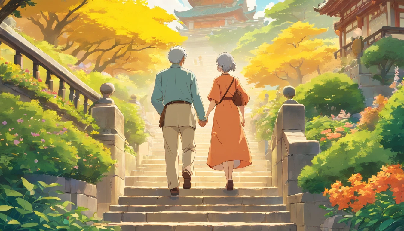 vector illustration of older couple walking the stairs near beautiful gardens, in the style of northern china's terrain, uhd image, light orange and yellow, free-flowing surrealism, ferrania p30, flower and nature motifs --chaos 20 --nii 5 --ar
77:128