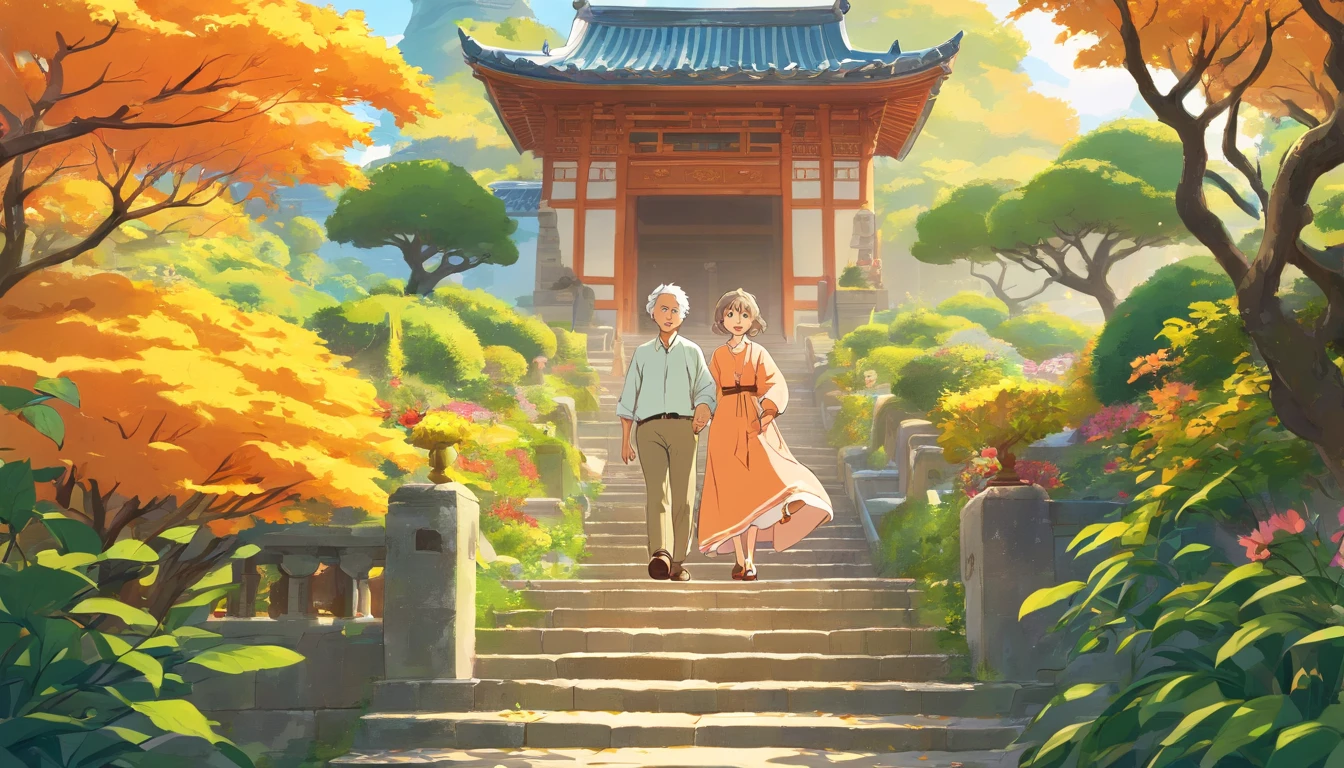 vector illustration of older couple walking the stairs near beautiful gardens, in the style of northern china's terrain, uhd image, light orange and yellow, free-flowing surrealism, ferrania p30, flower and nature motifs --chaos 20 --nii 5 --ar
77:128